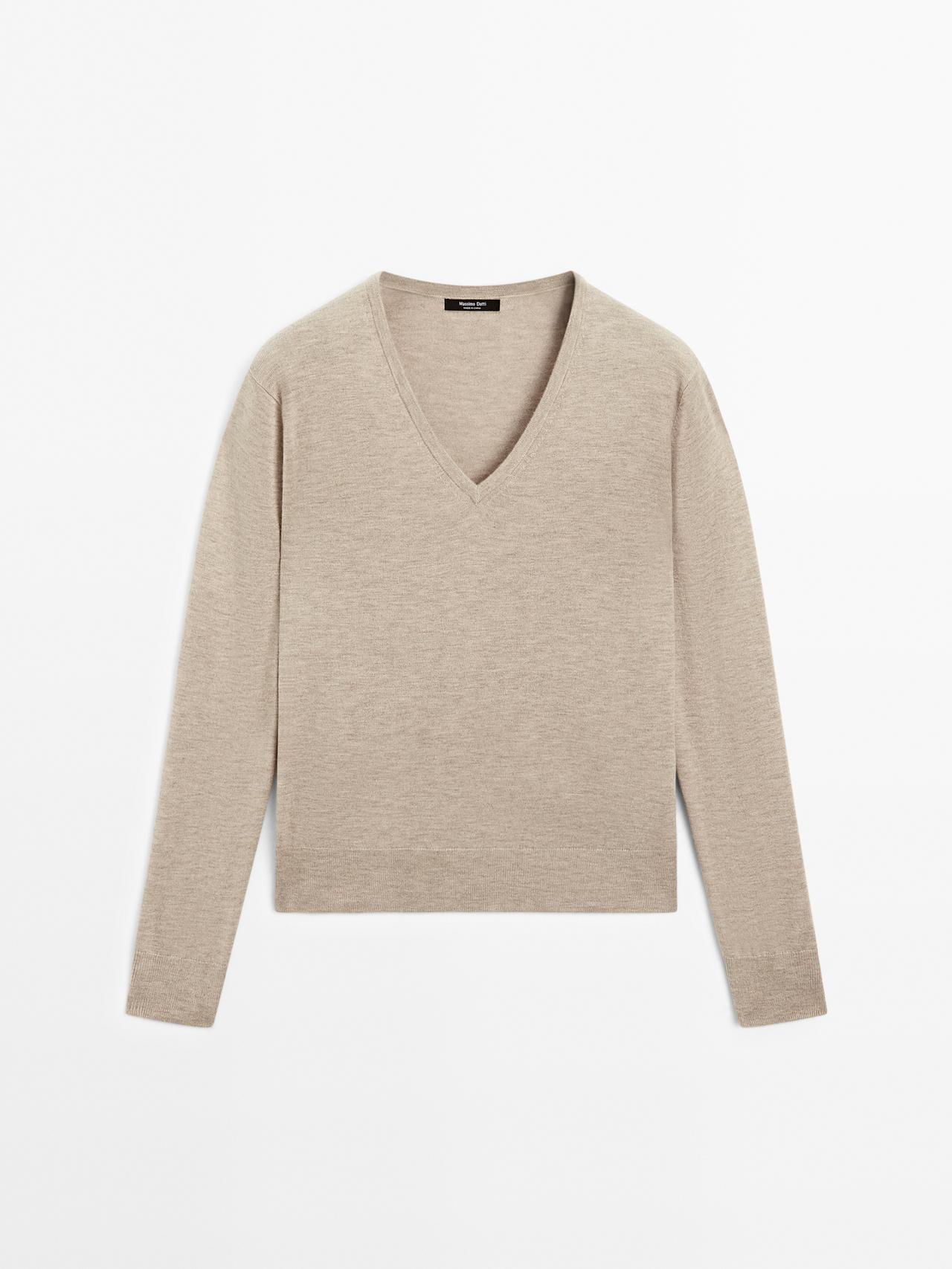 Massimo Dutti - Dame - Striktrøje I Uldblanding Med V-Udskæring - Mink - S