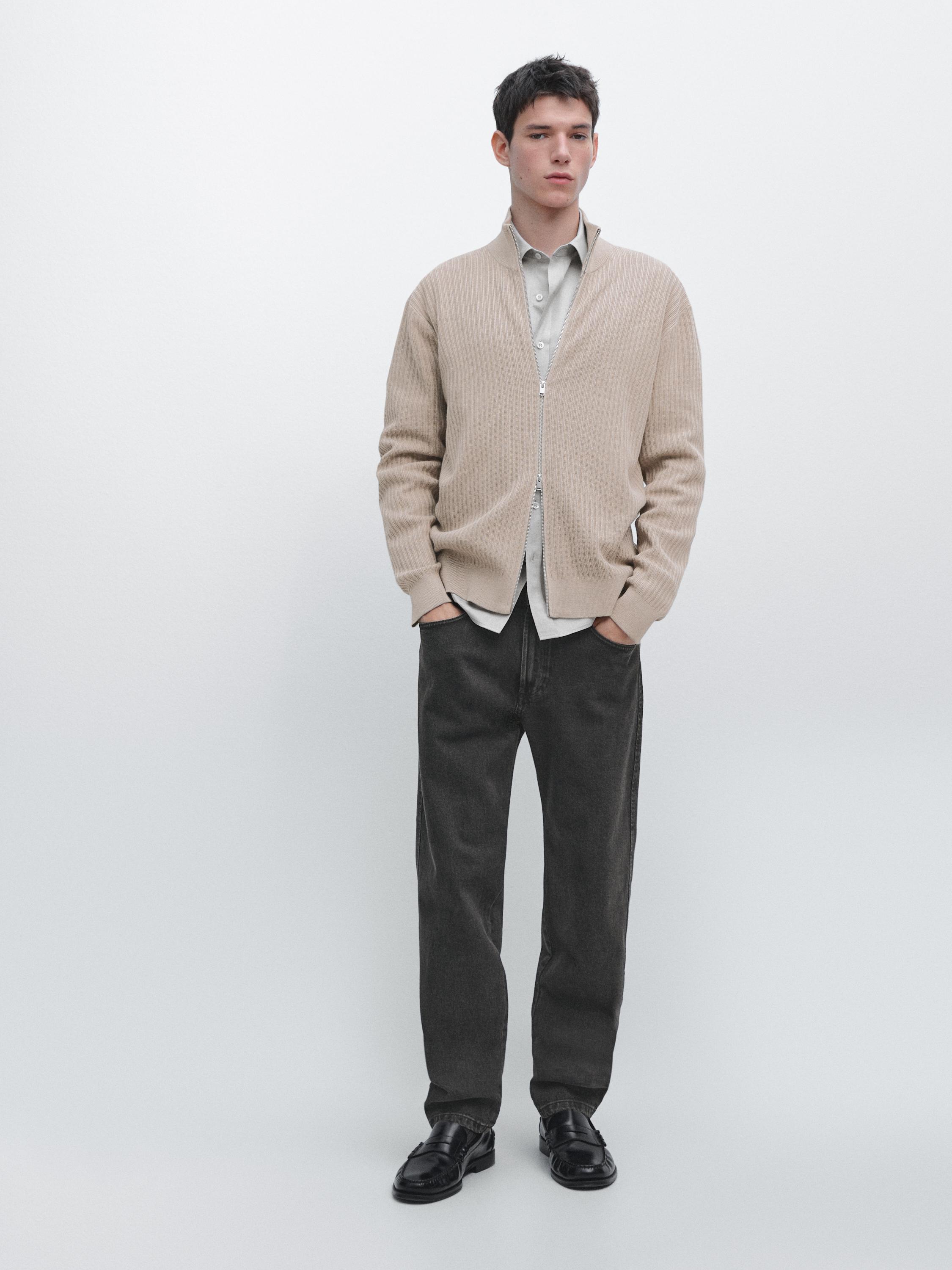 Cotton zip-up knit cardigan — MINK