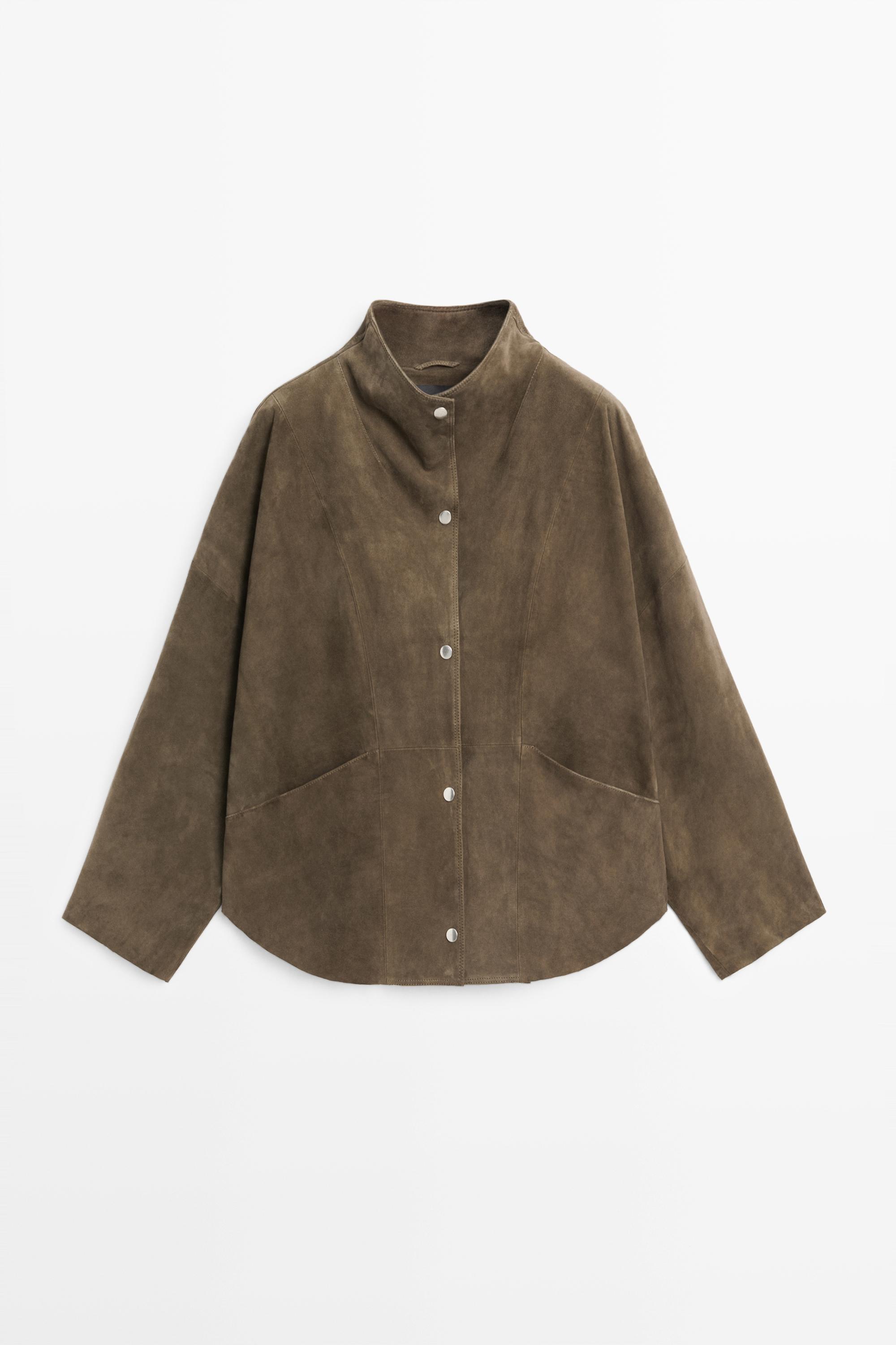 Suede leather high neck jacket — KHAKI