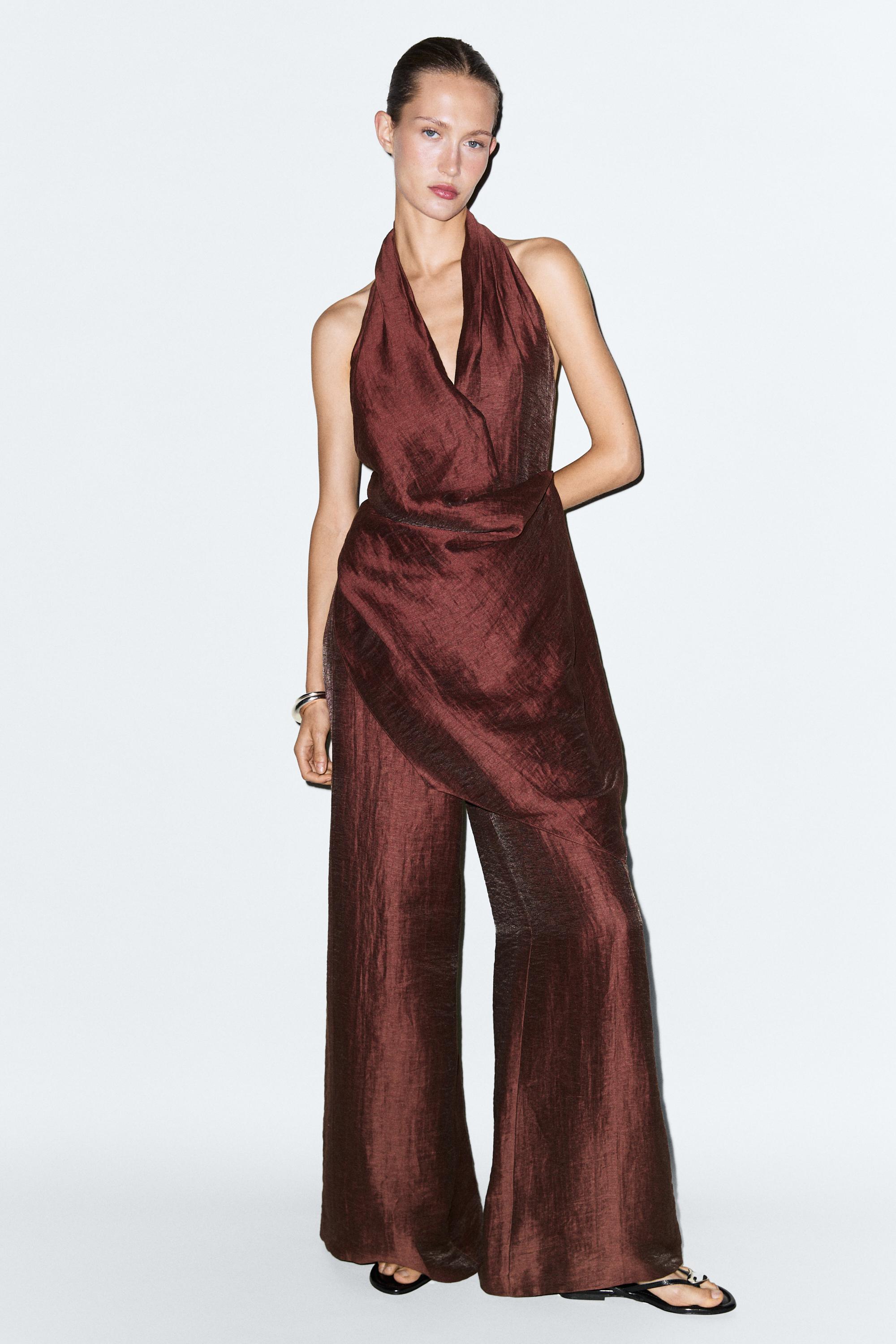 Flowing draped halter neck jumpsuit — BURGUNDY