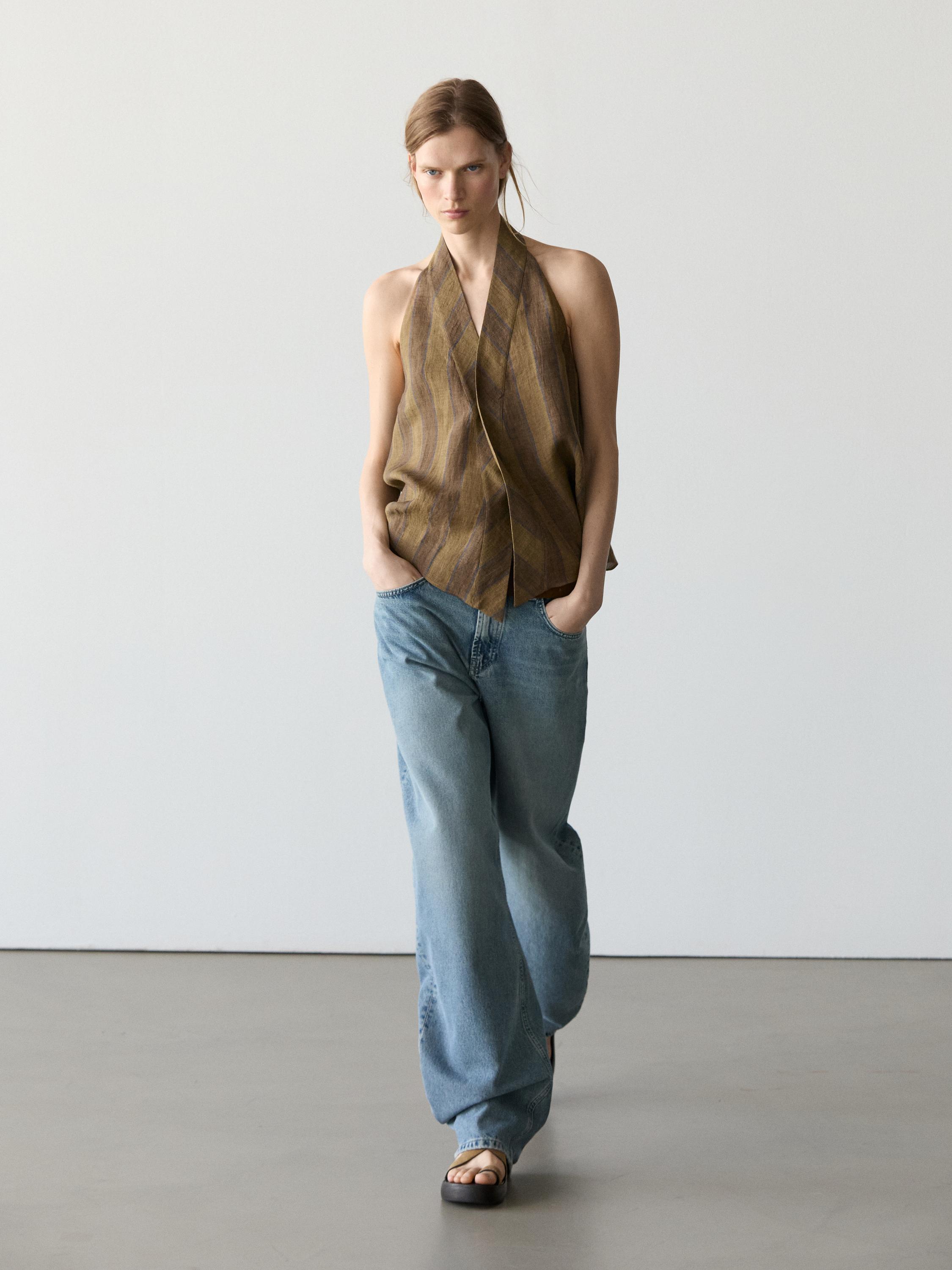 Printed waistcoat with crossover neckline — KHAKI