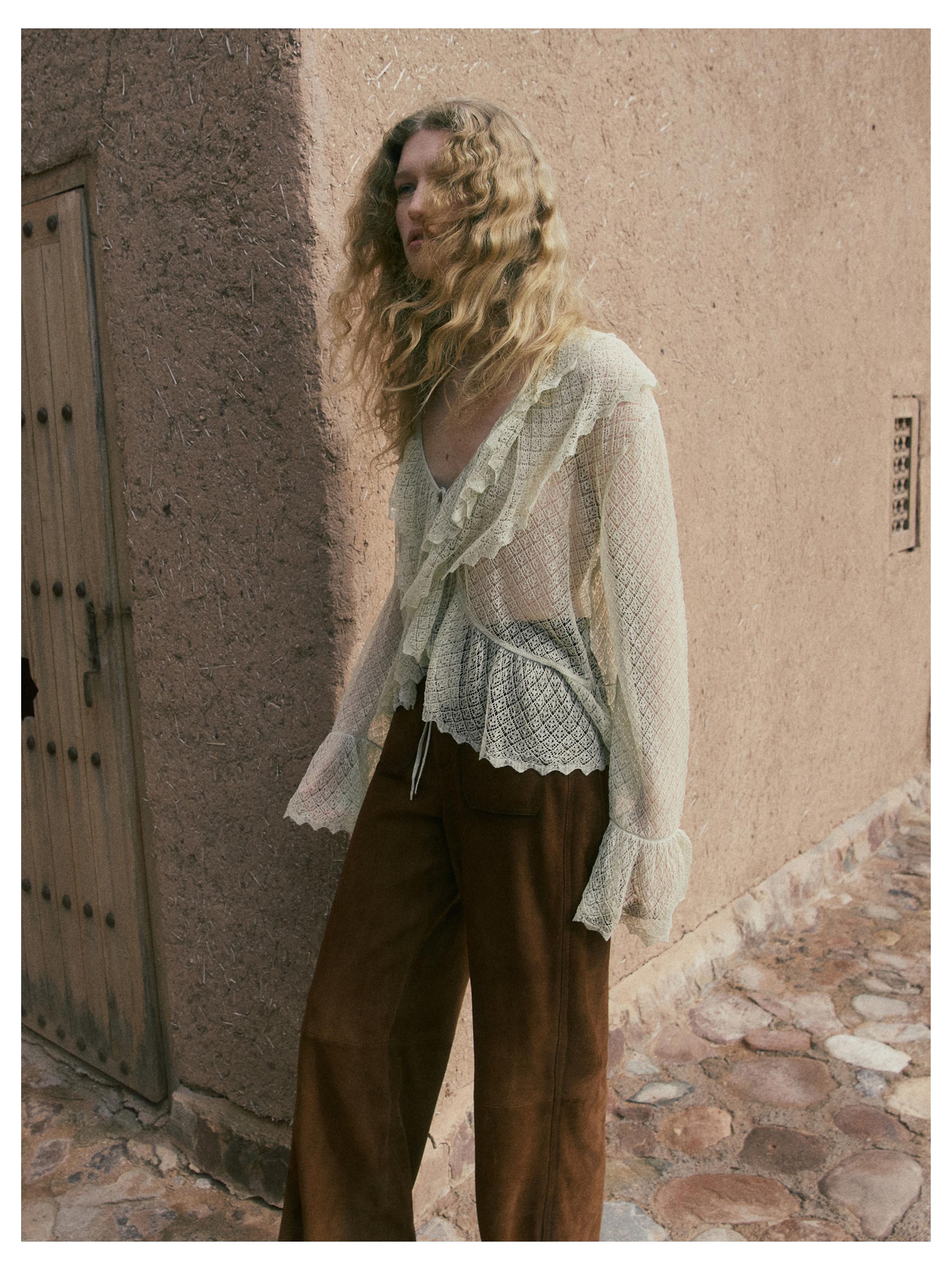 Suede leather wide-leg trousers with pockets — BROWN
