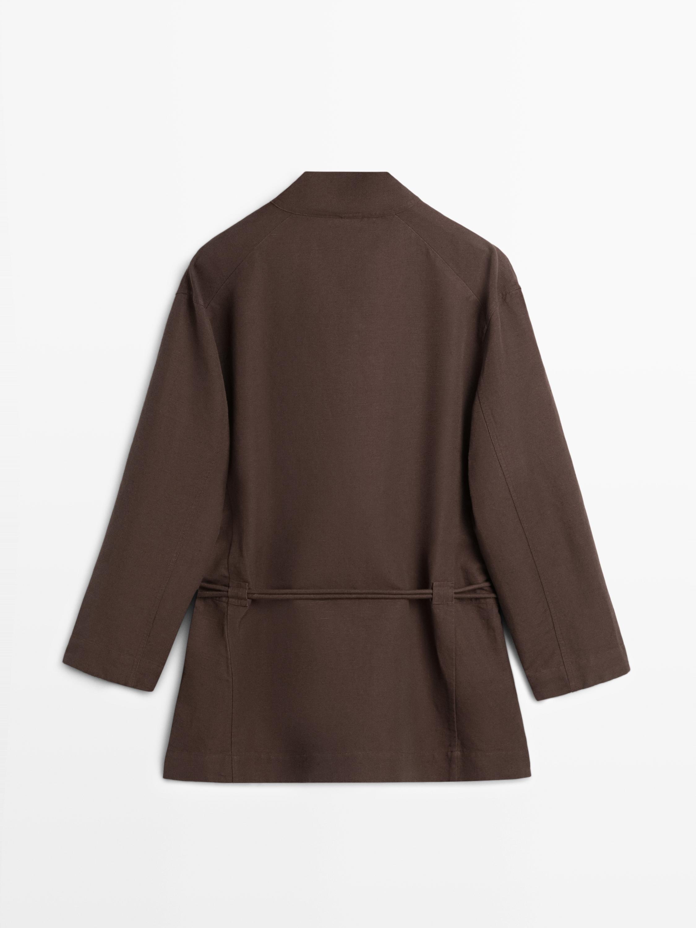 Linen blend kimono jacket with tie detail — Chocolate