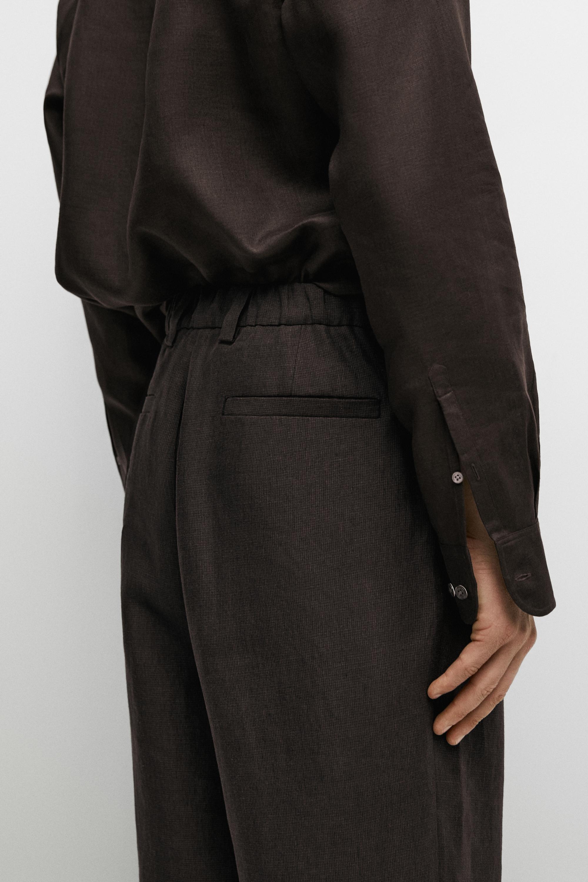 100% linen houndstooth pants — BROWN