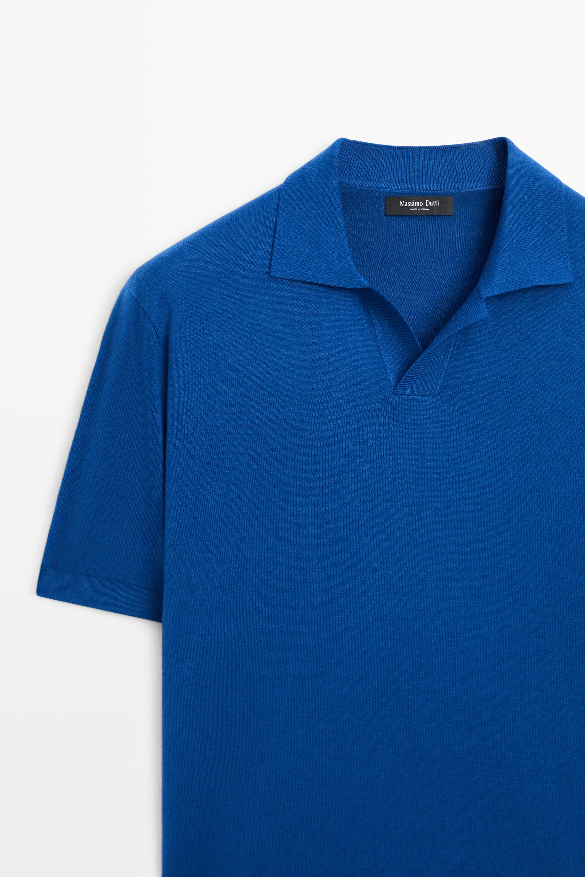 Cotton and linen knit polo sweater — Blue