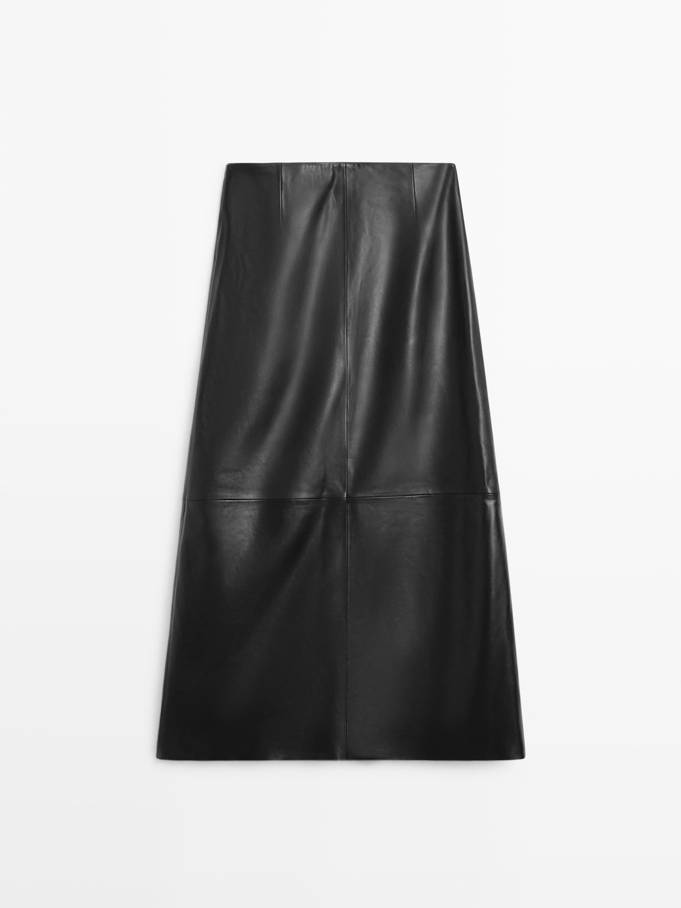 Jupe midi en cuir nappa avec coutures