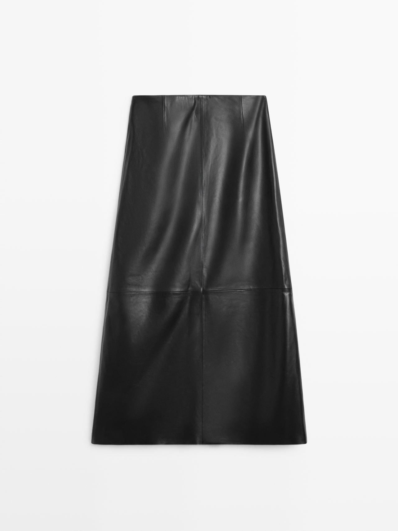Nappa leather midi skirt with seams — BLACK