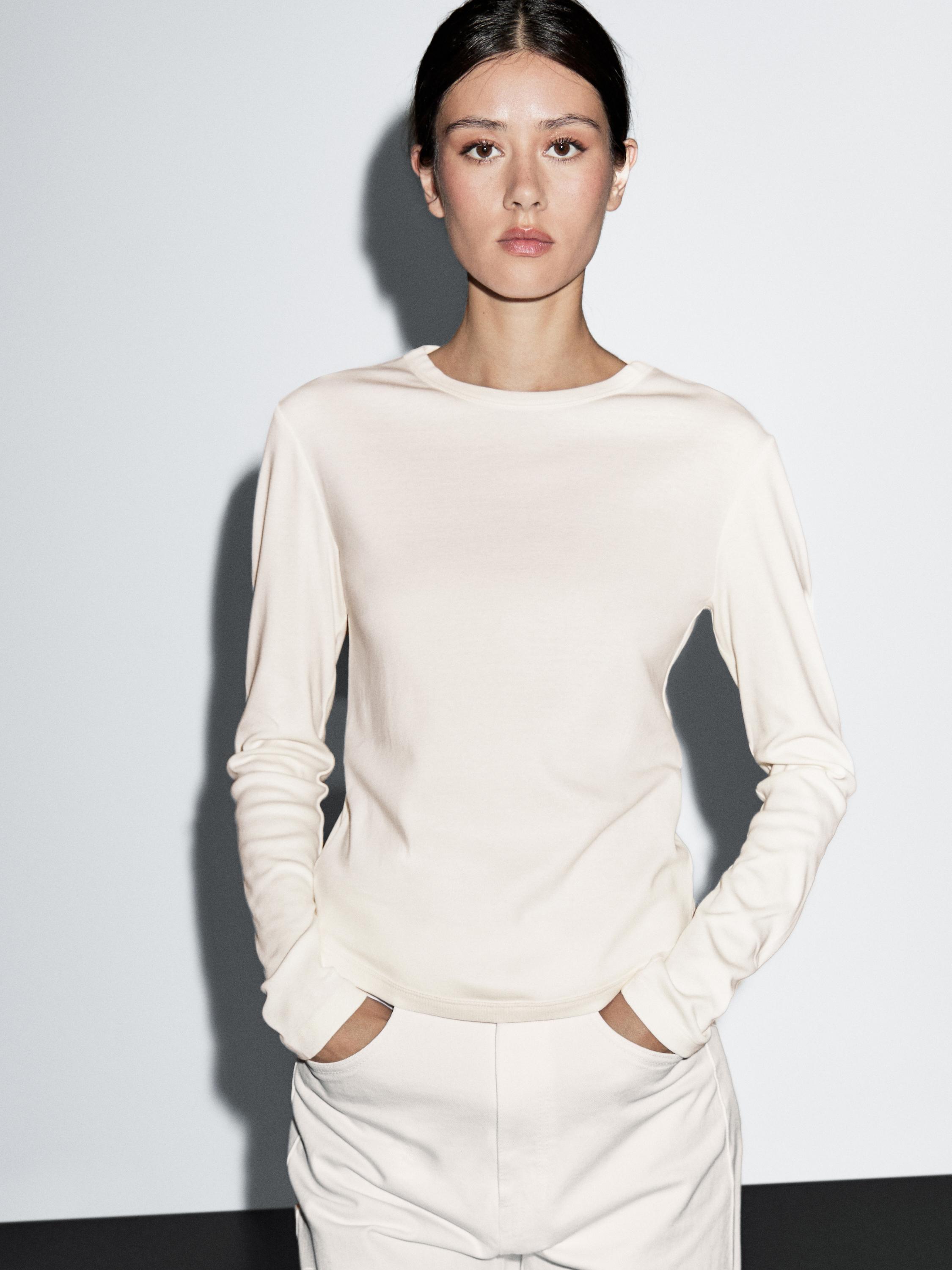 Long sleeve T-shirt with rounded hem CREAM