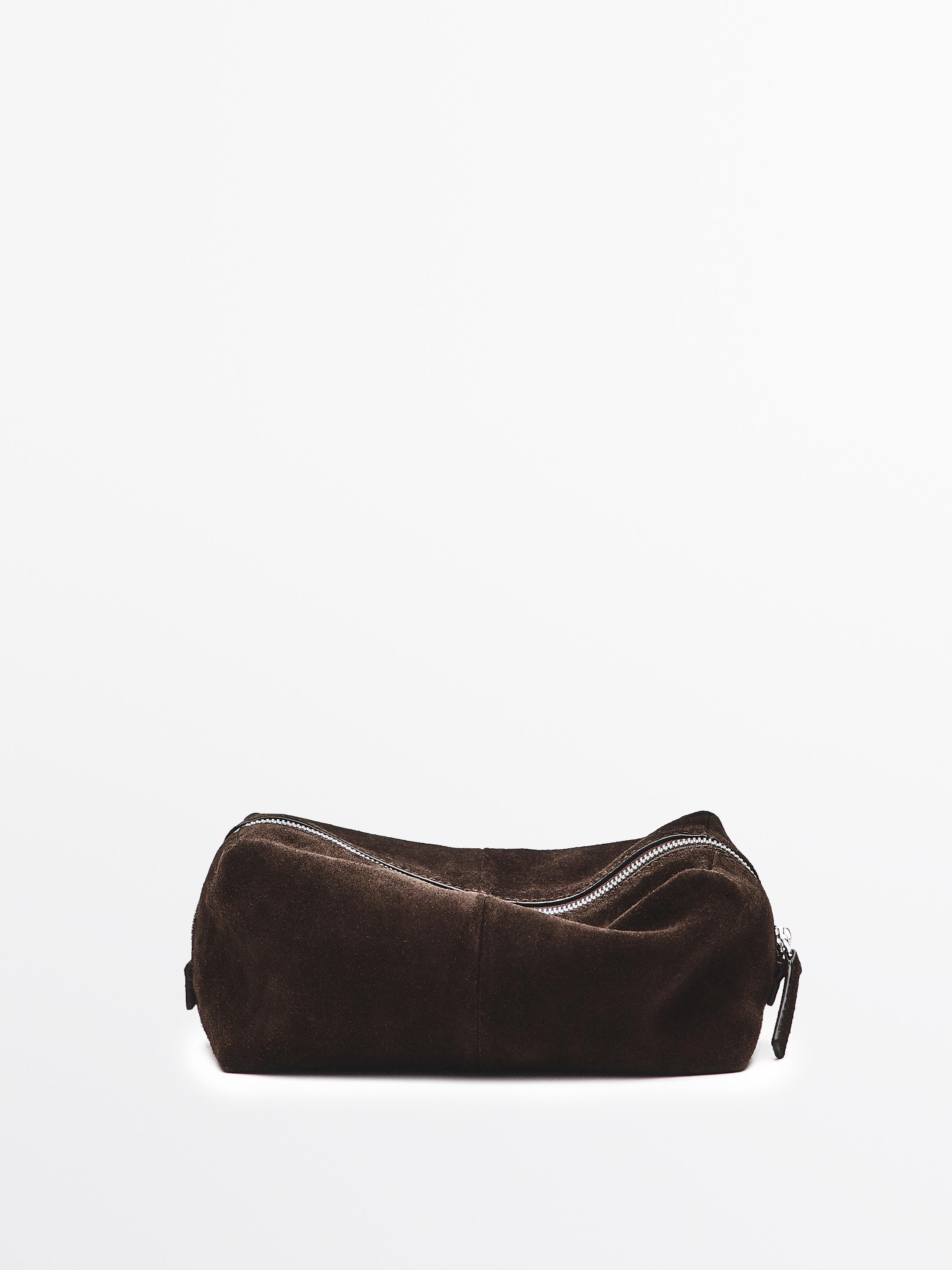 Suede leather toiletry bag with zip — BROWN