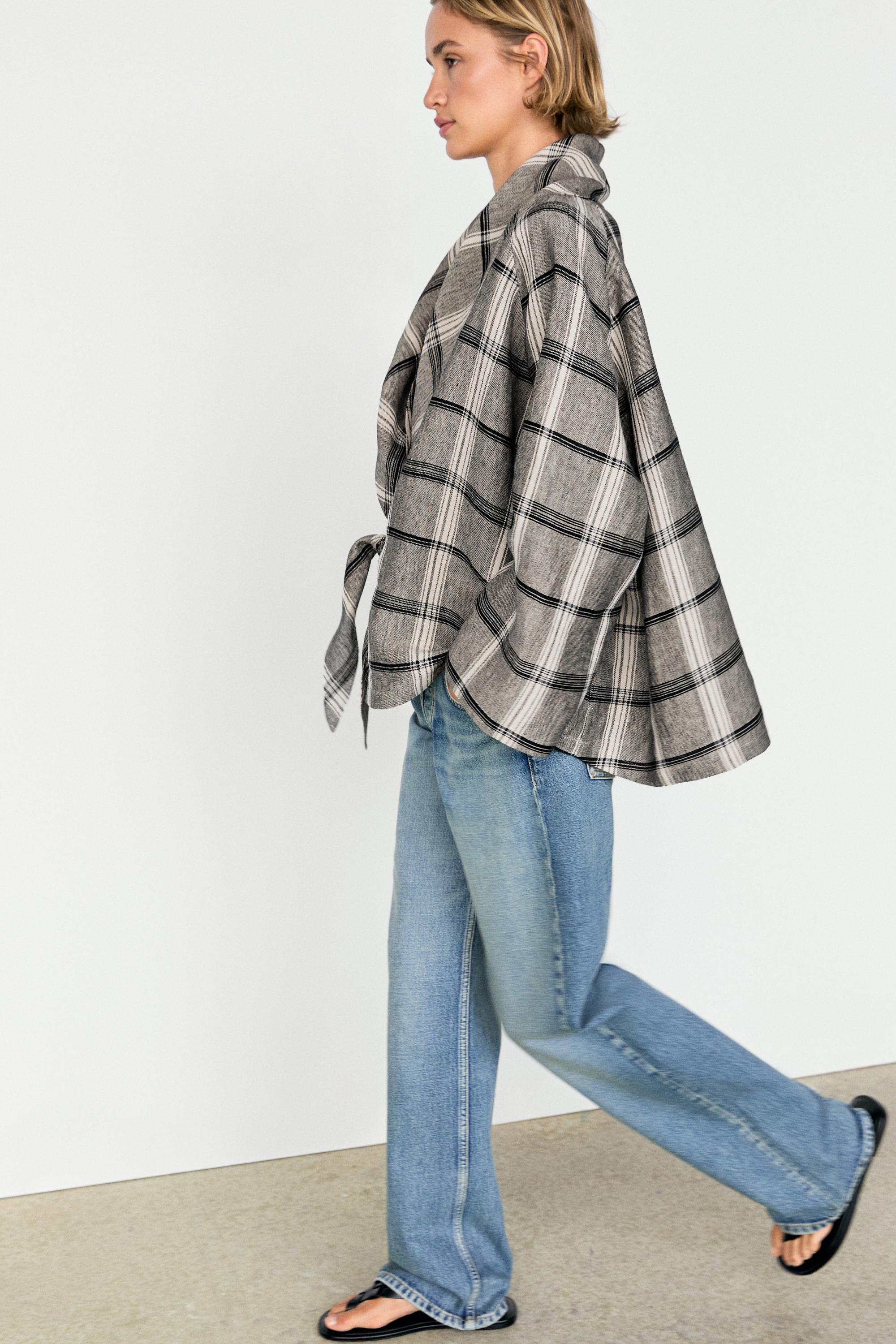 Check tie-detail overshirt — MEDIUM GREY