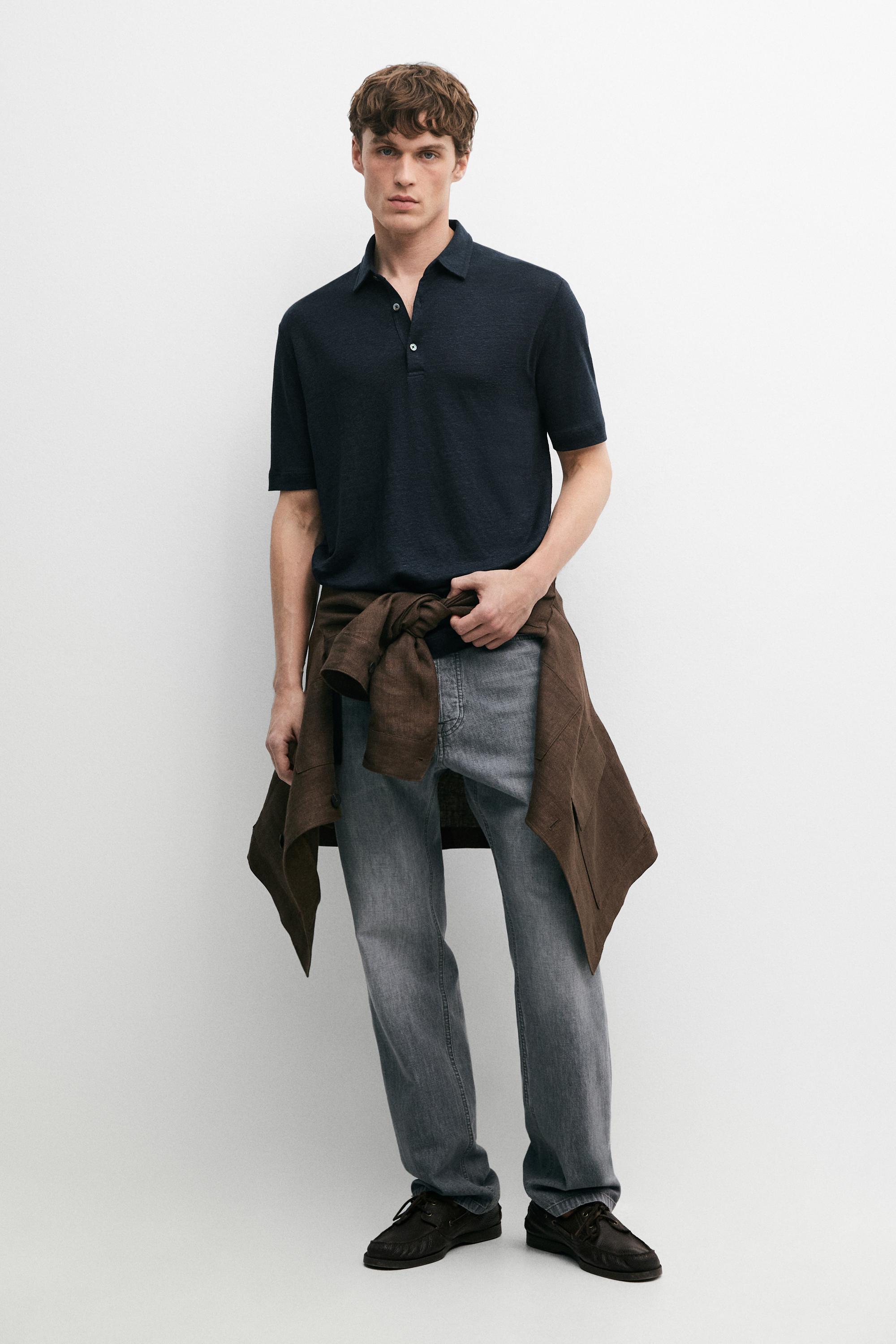 100% linen short sleeve polo shirt — NAVY BLUE