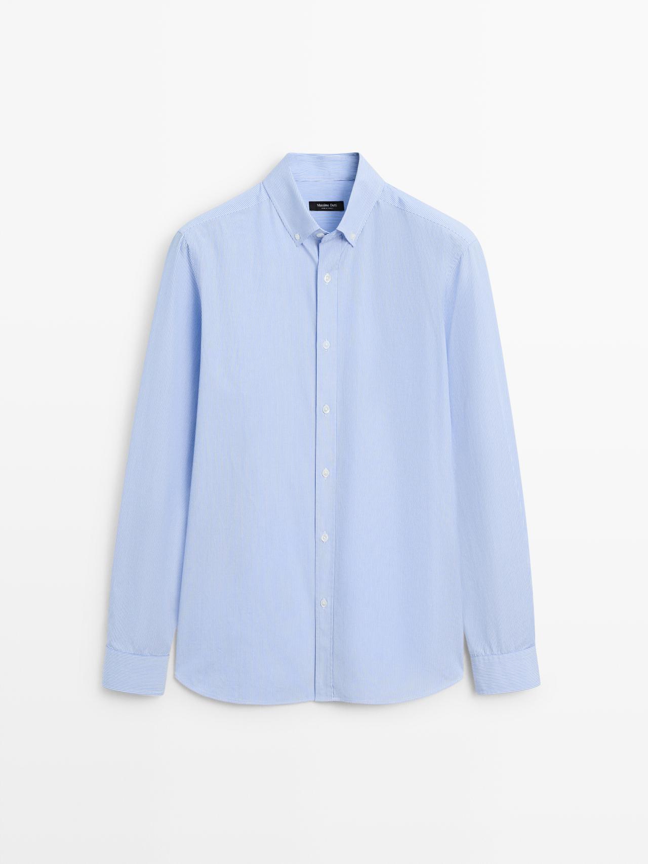 Massimo Dutti - Herre - Regular Fit Stribet Skjorte Med Button-Down-Krave - Himmelblå - L