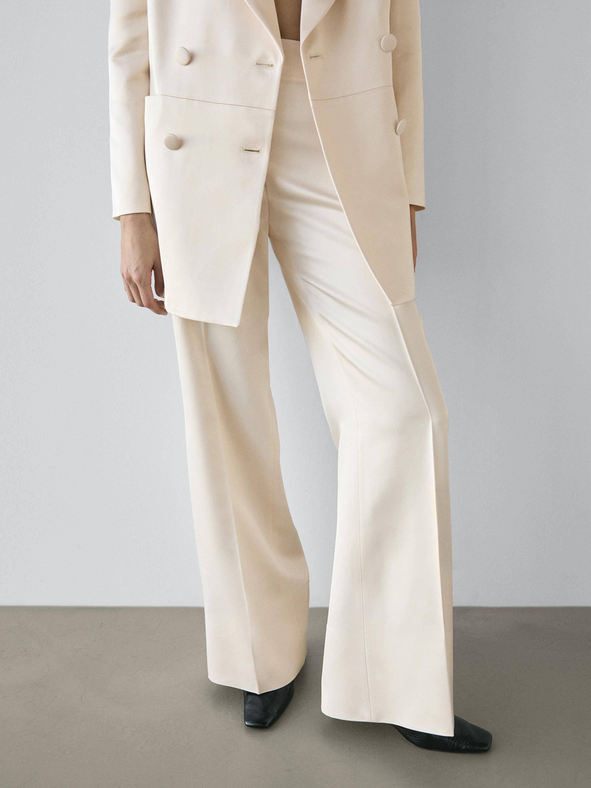 cream dress trousers women Reiss Wide-Leg Tailored Trousers in Cream