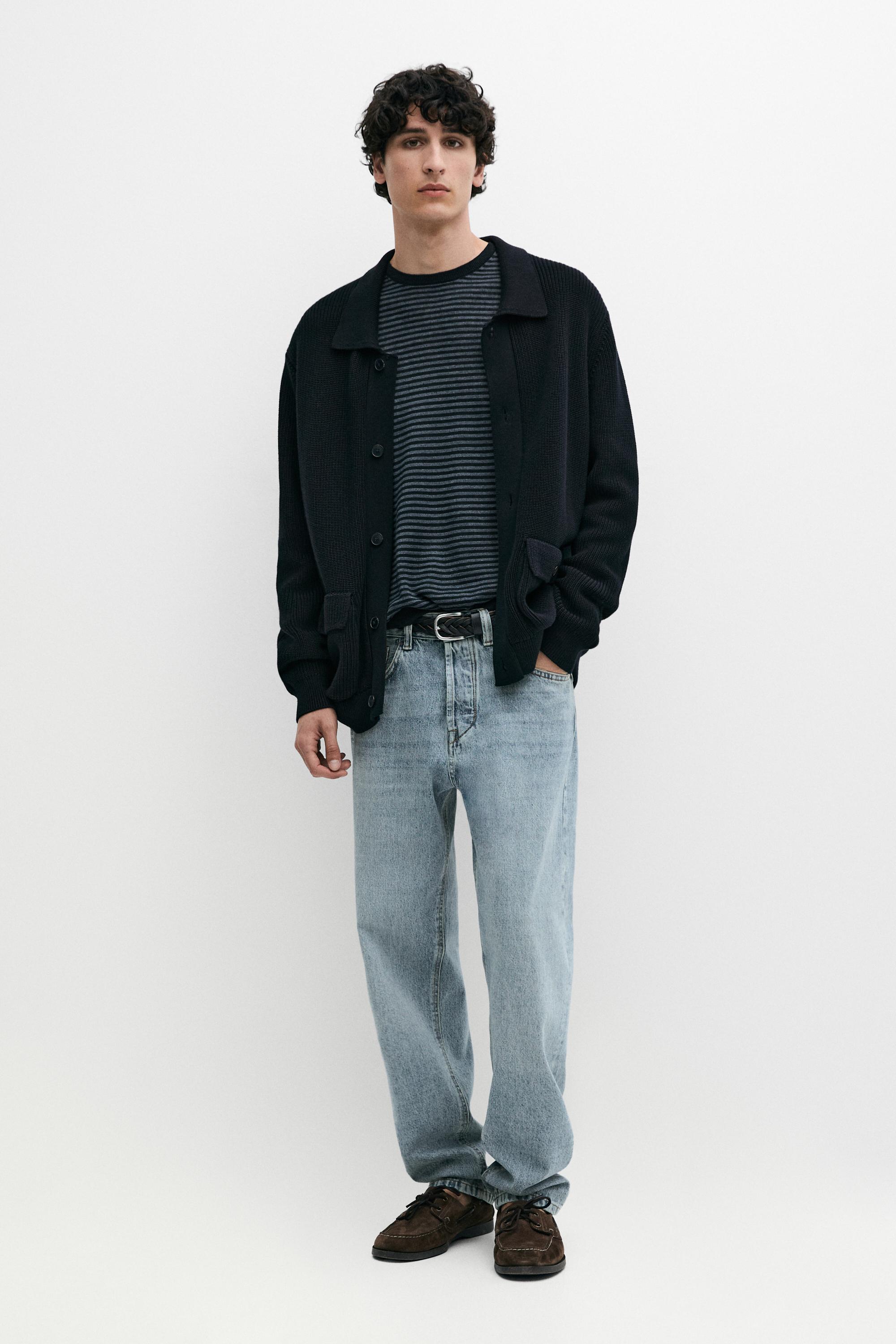 Cotton knit cardigan with pockets — NAVY BLUE