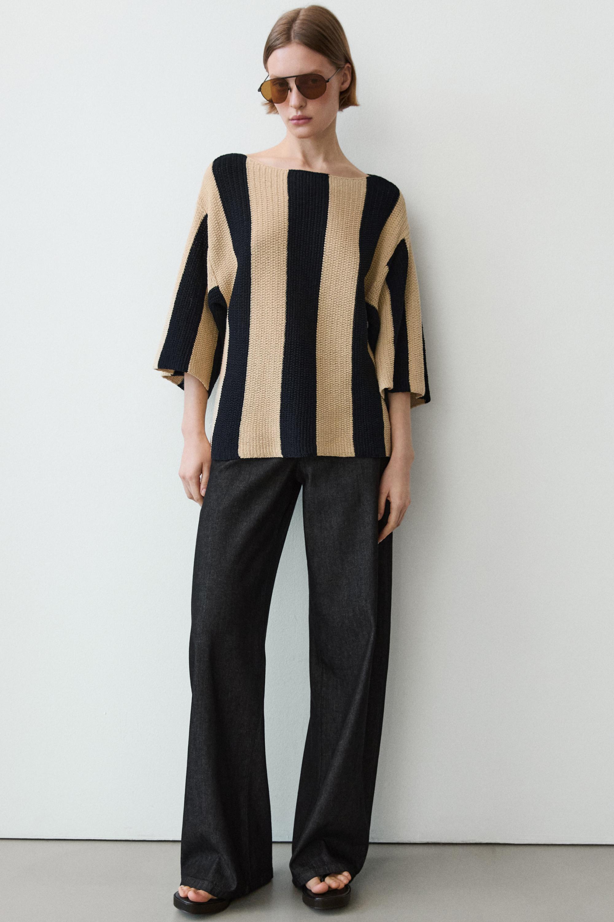Striped cotton blend knit sweater — BLACK