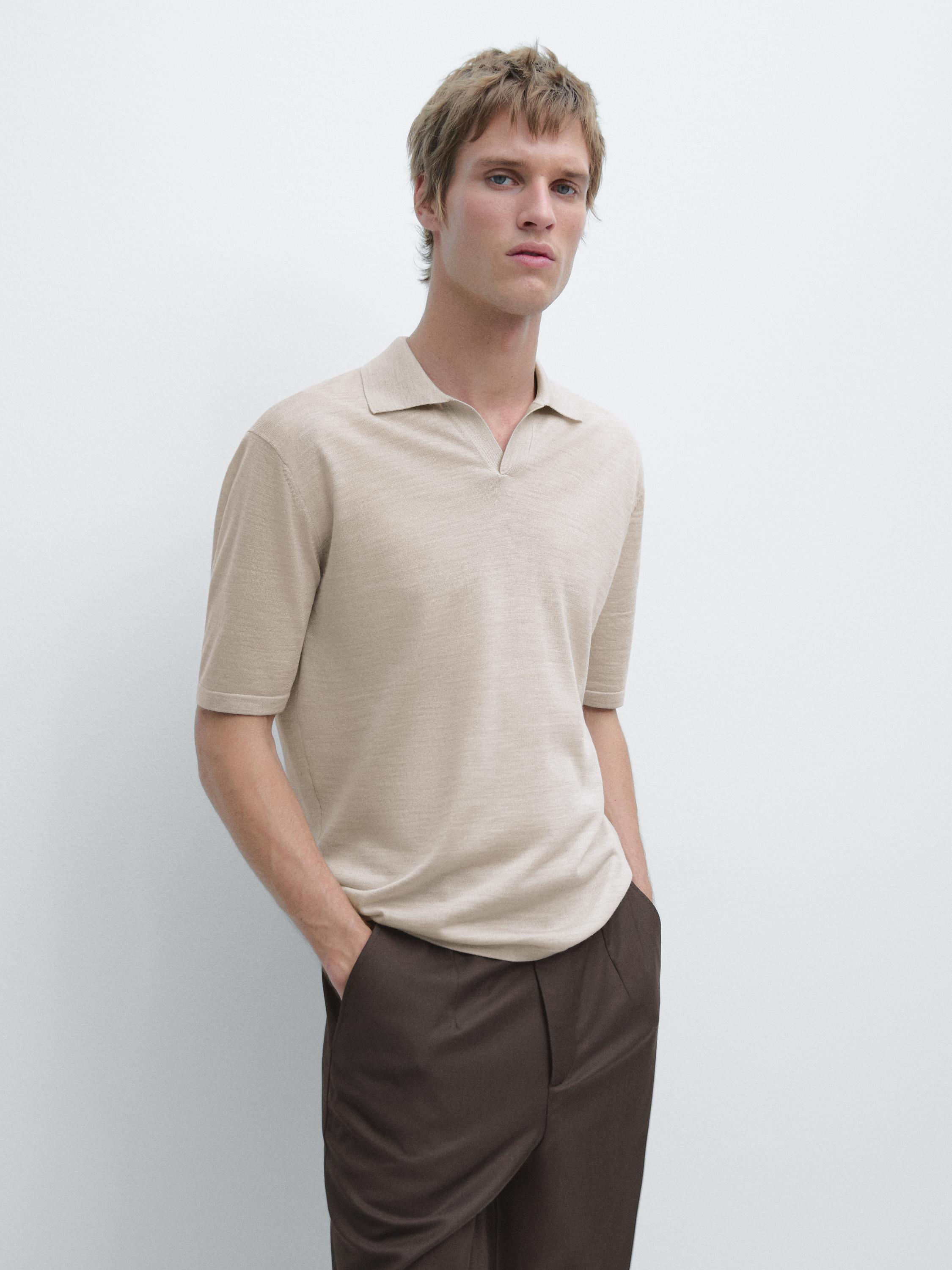 Knit V-neck polo shirt — Beige
