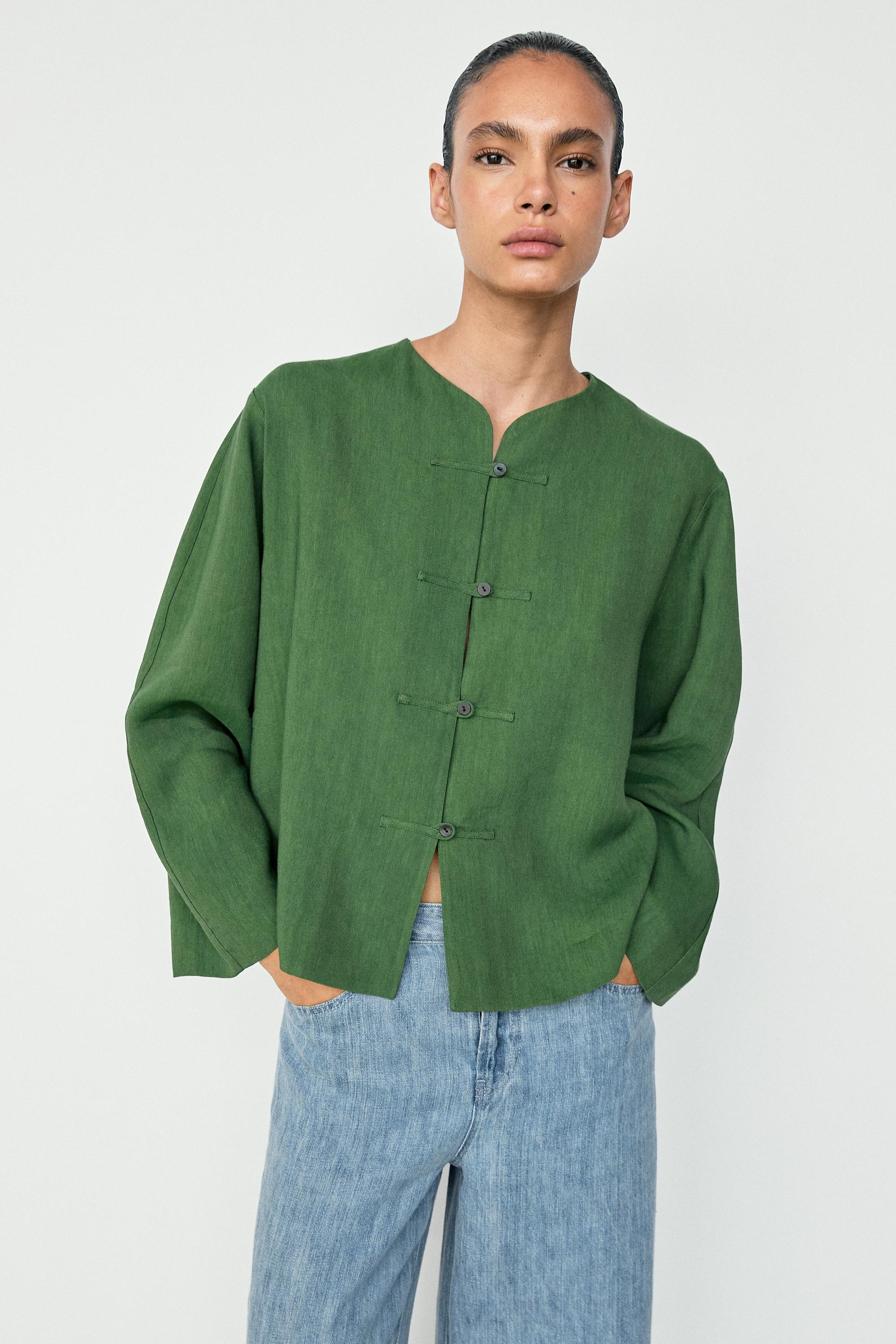 Total look flowing overshirt with button details — BLUISH GREEN