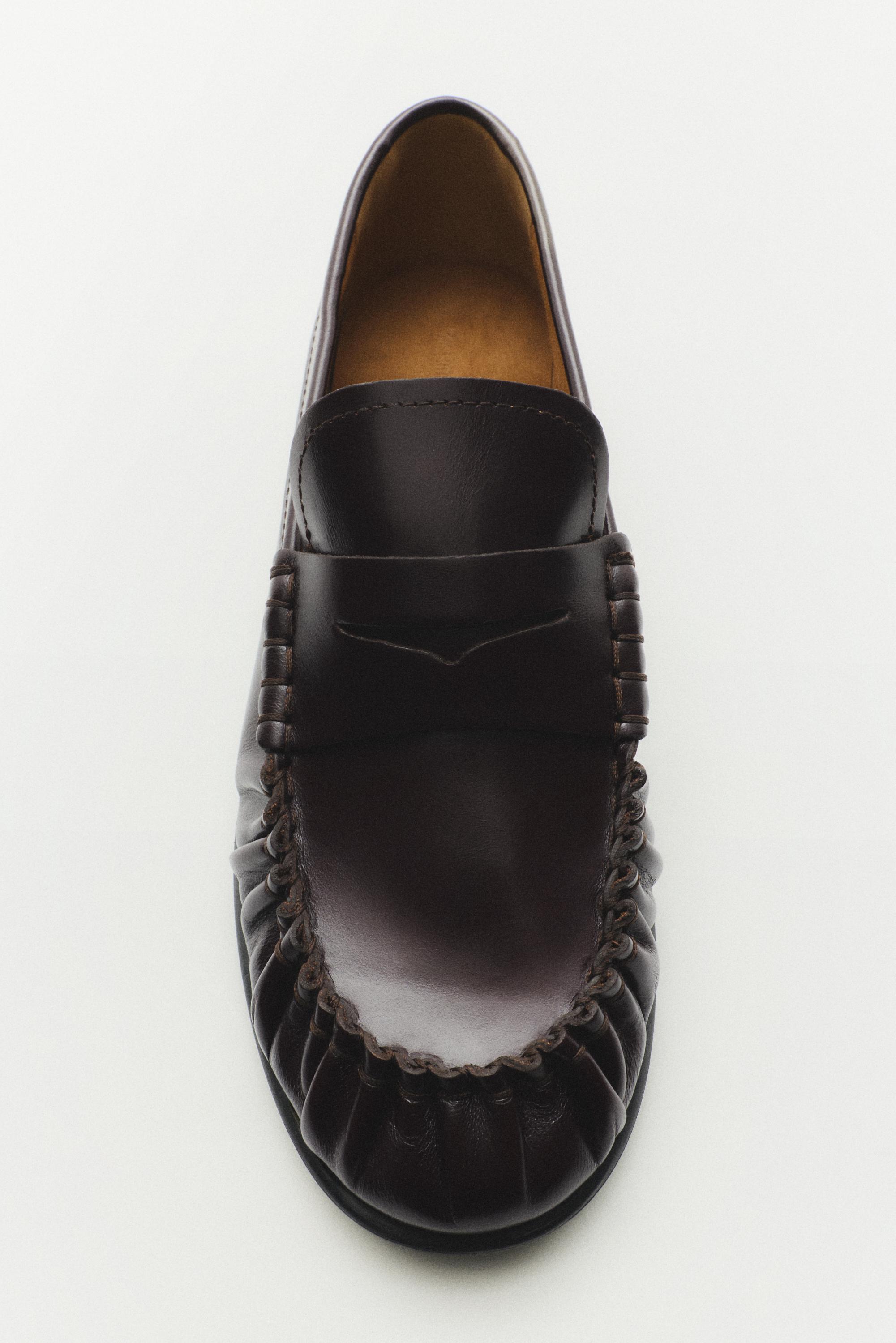 Shirred Leather Loafer — BROWN