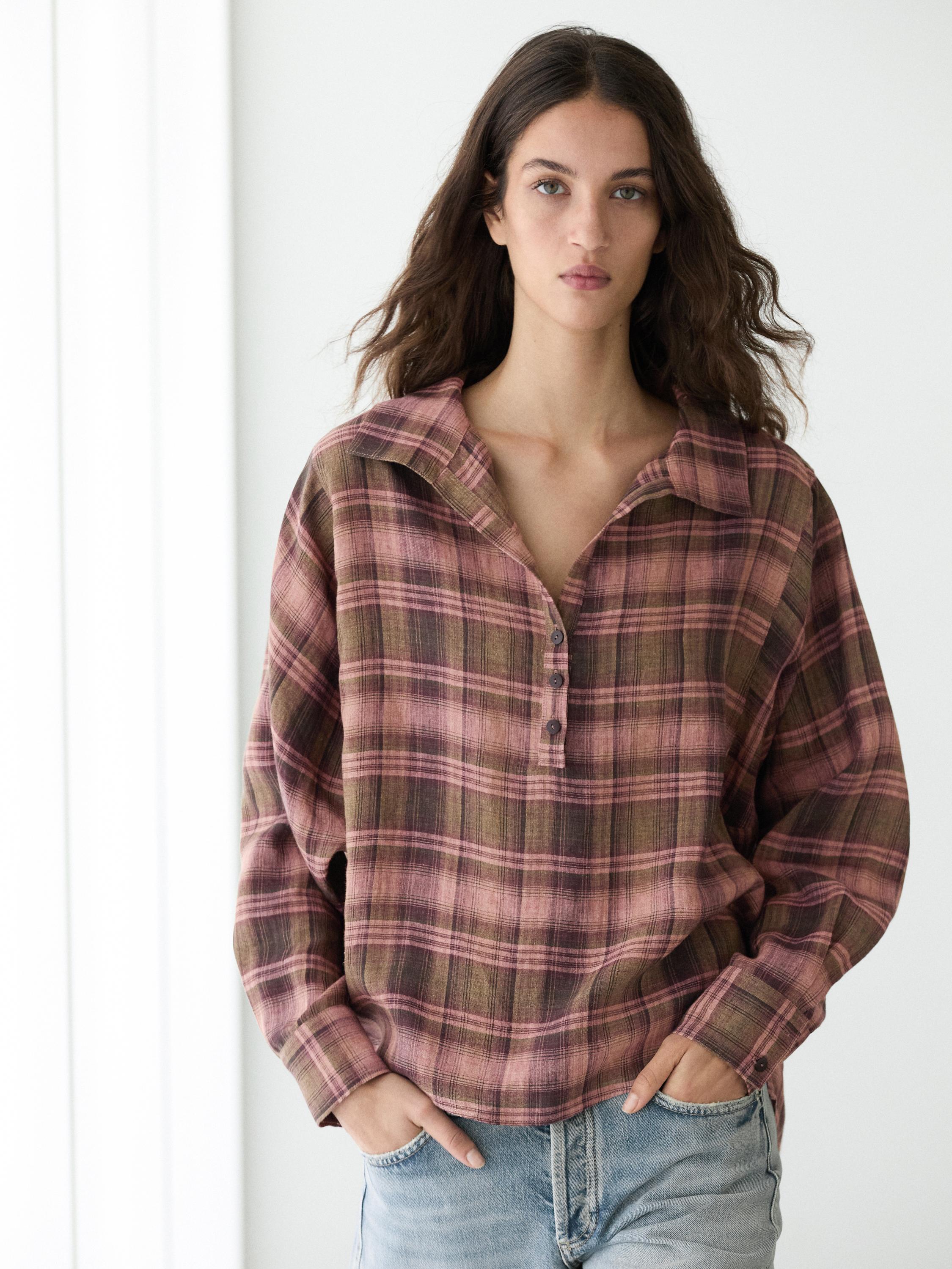 Flowing 100% linen check shirt — 0-978