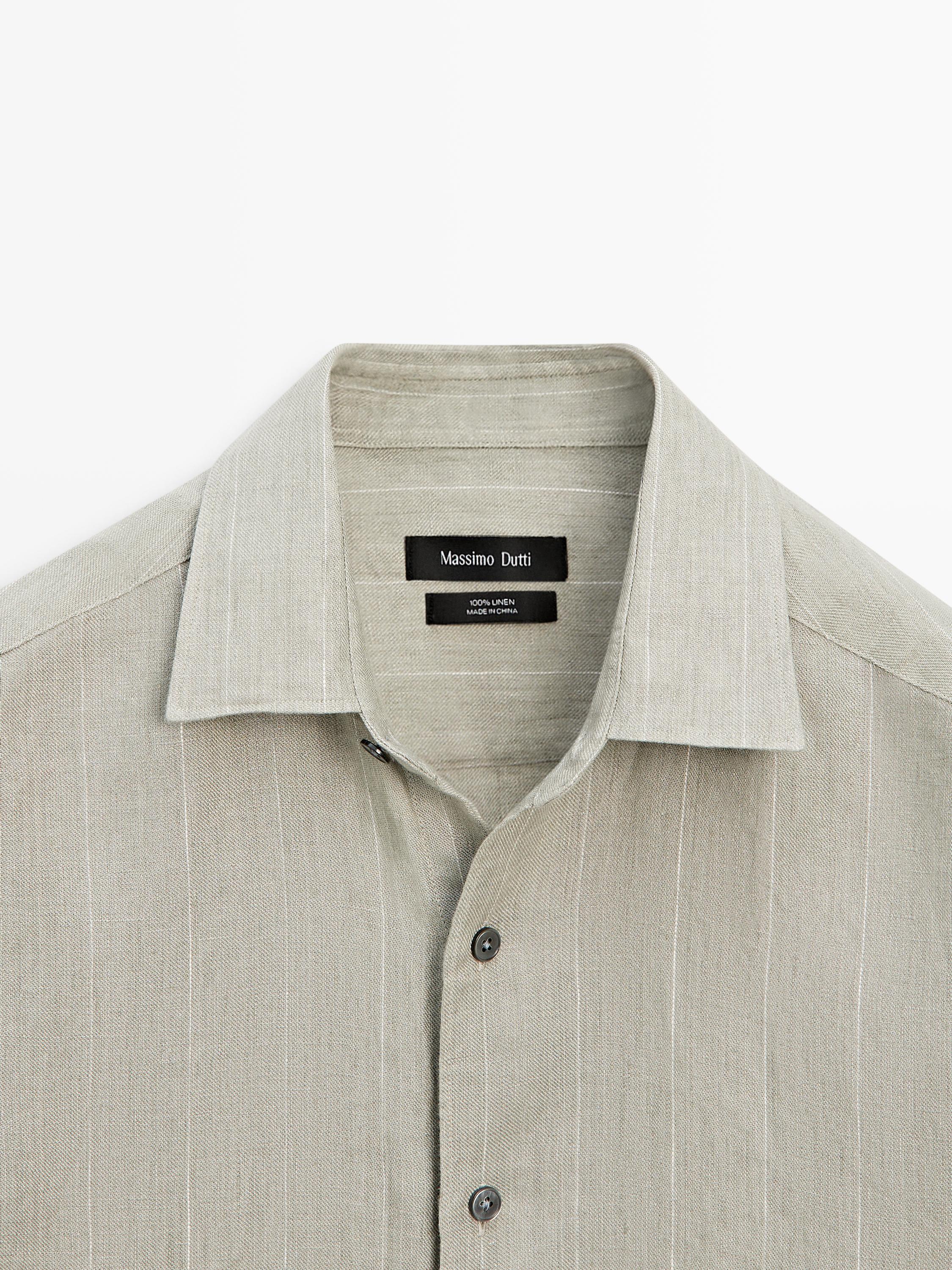 100% linen regular fit striped shirt — PALE GREEN