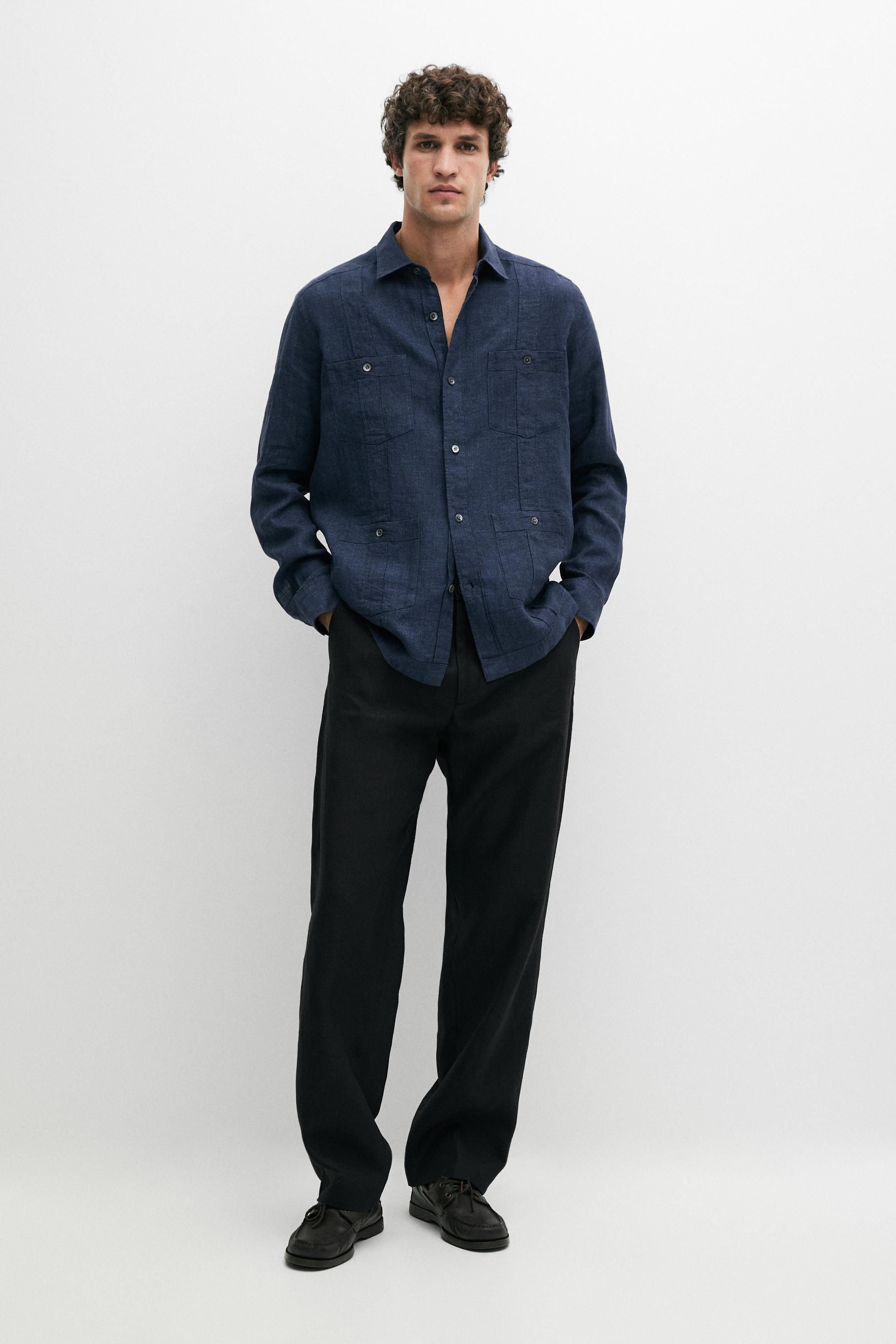 100% linen straight-leg trousers — BLACK