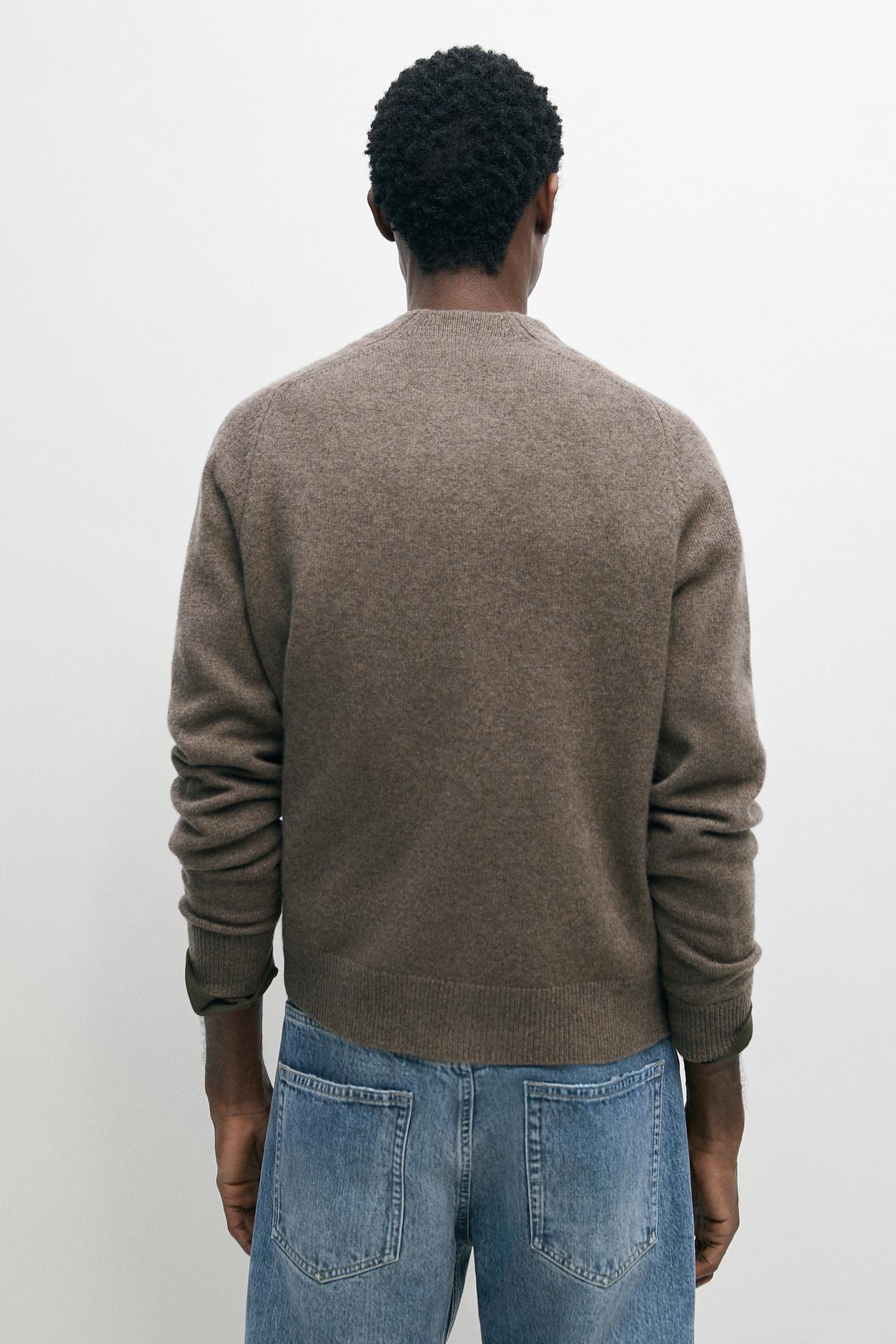Wool blend mock neck knit cardigan — Sand