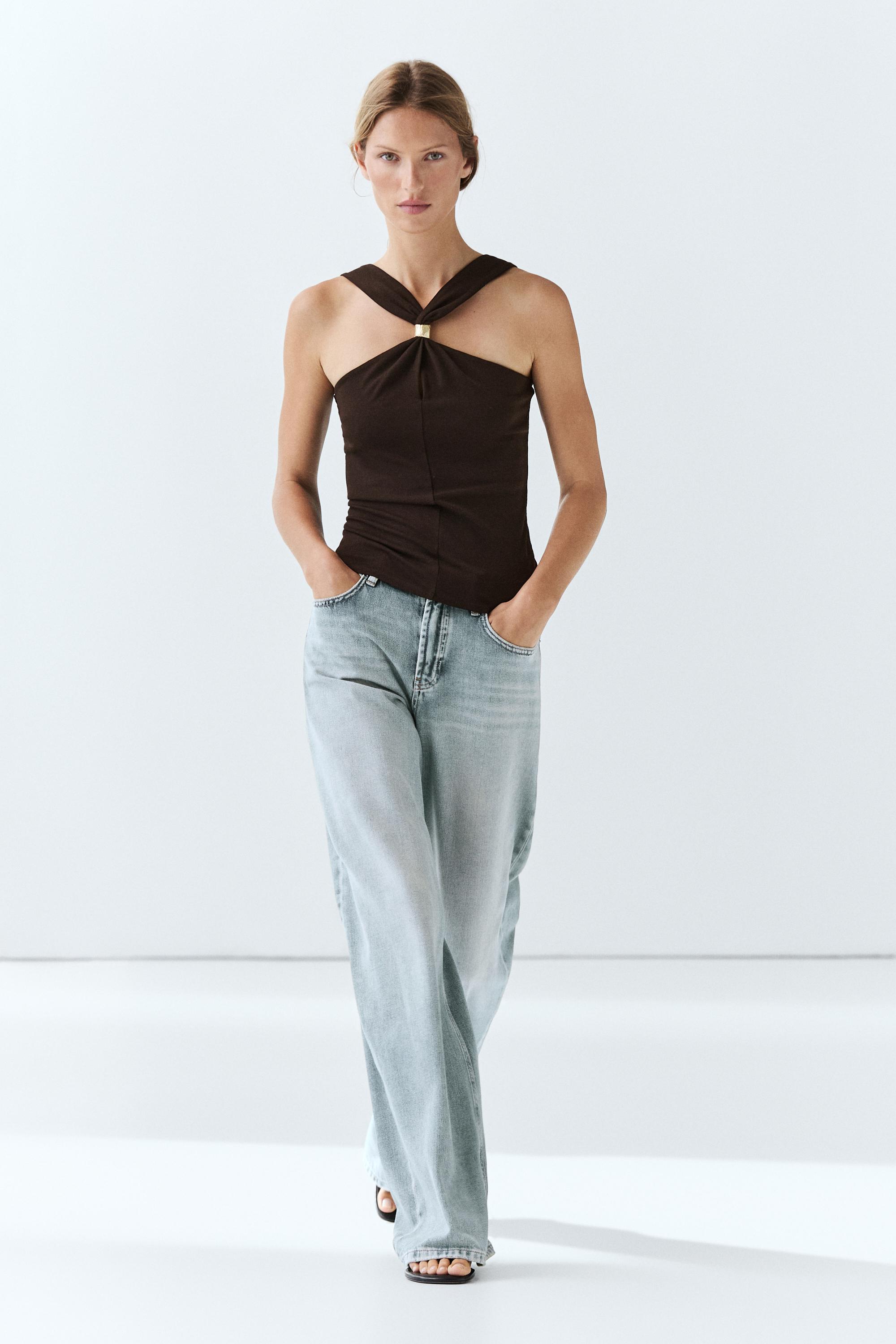 Halter top with jewel straps — BROWN
