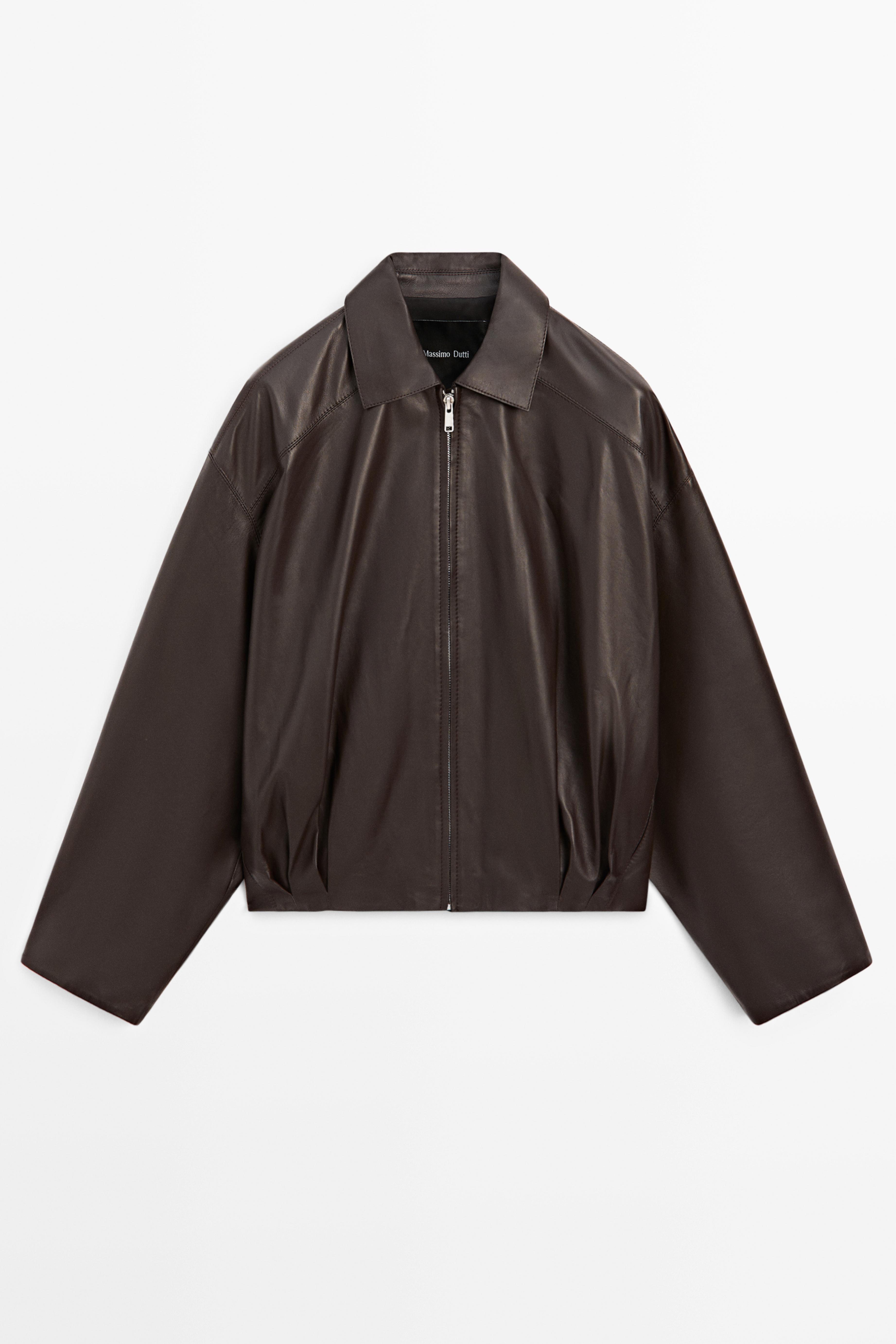 Nappa leather bomber jacket with pleat detail — BROWN