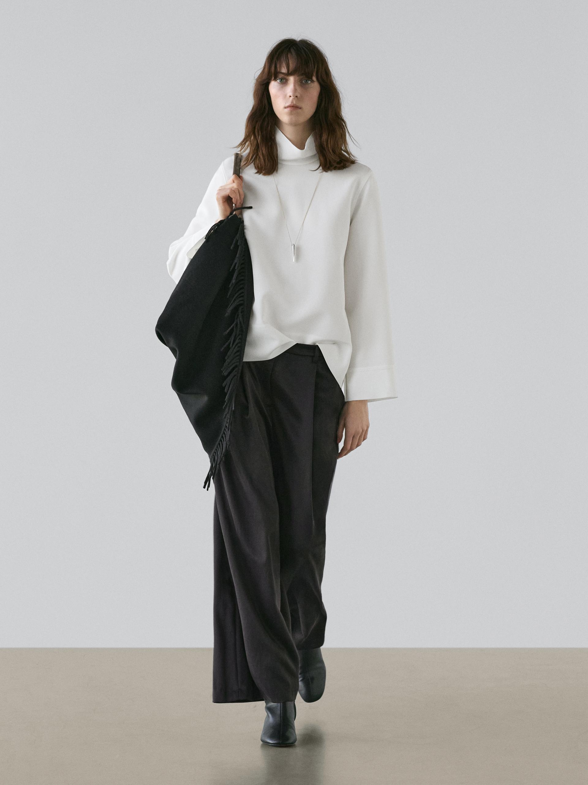 Pantalón Fluido Detalle Pliegues - Negro - 38 - Massimo Dutti - Mujer