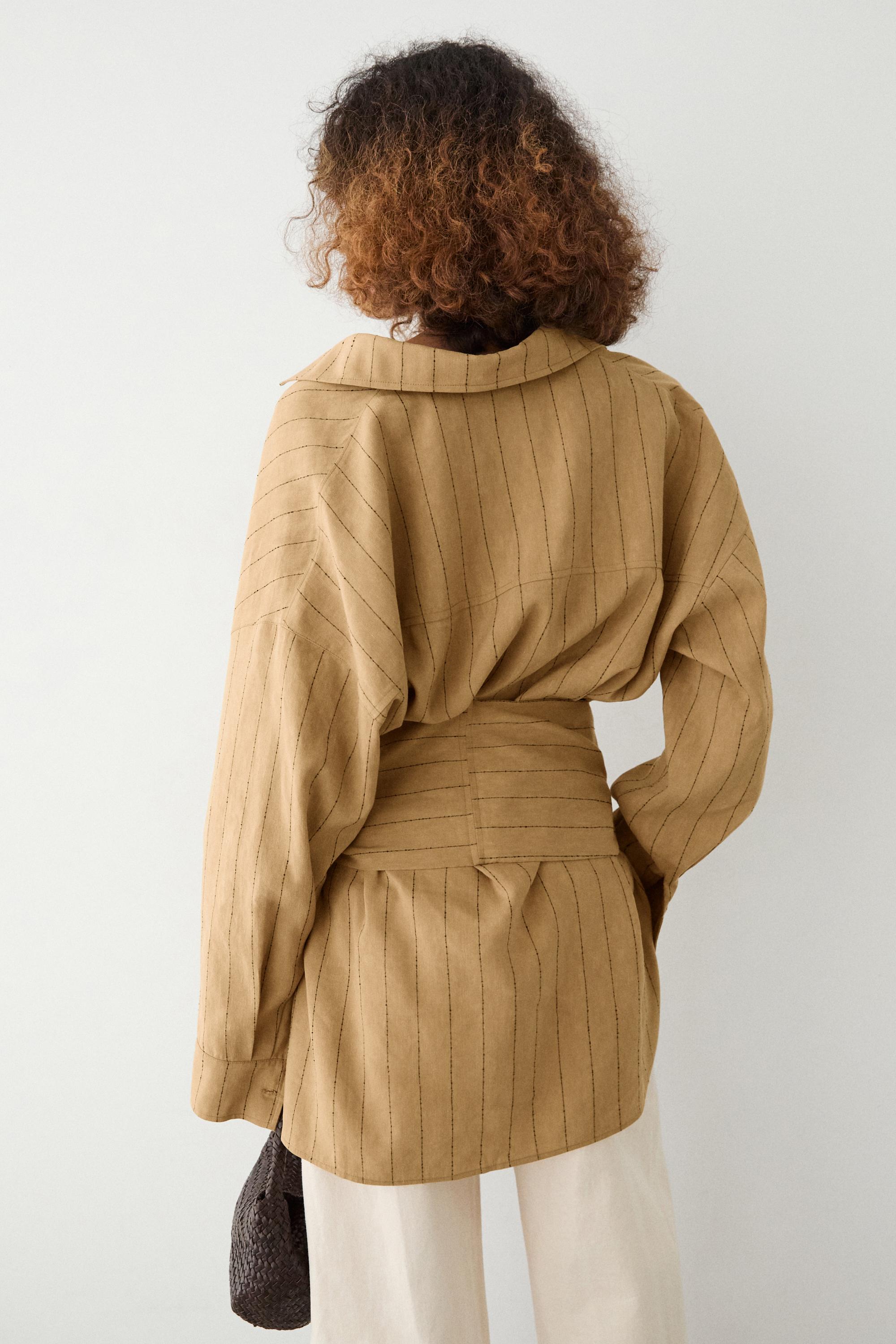 Striped flowing shirt with corset belt detail — MUSTARD YELLOW