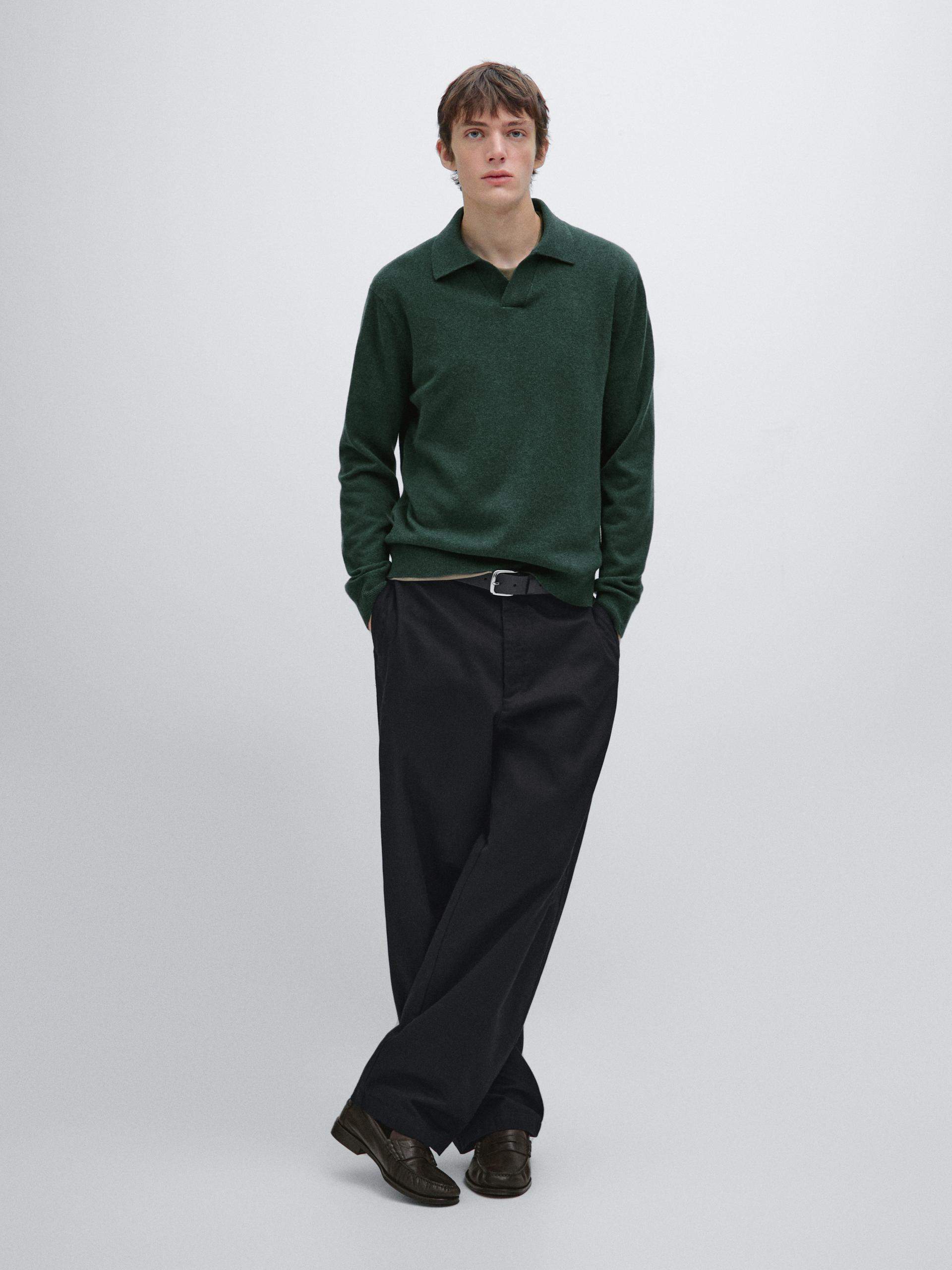 Jersey Polo Punto Cuello Pico 100% Lana - Verde Pino - L - Massimo Dutti - Hombre