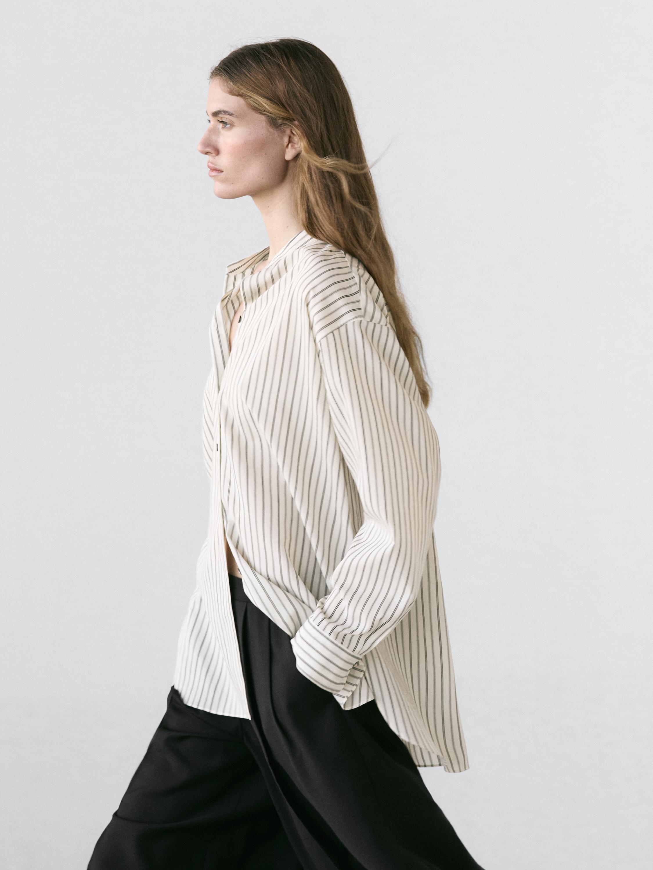 Striped flowing shirt with stand collar — Off white