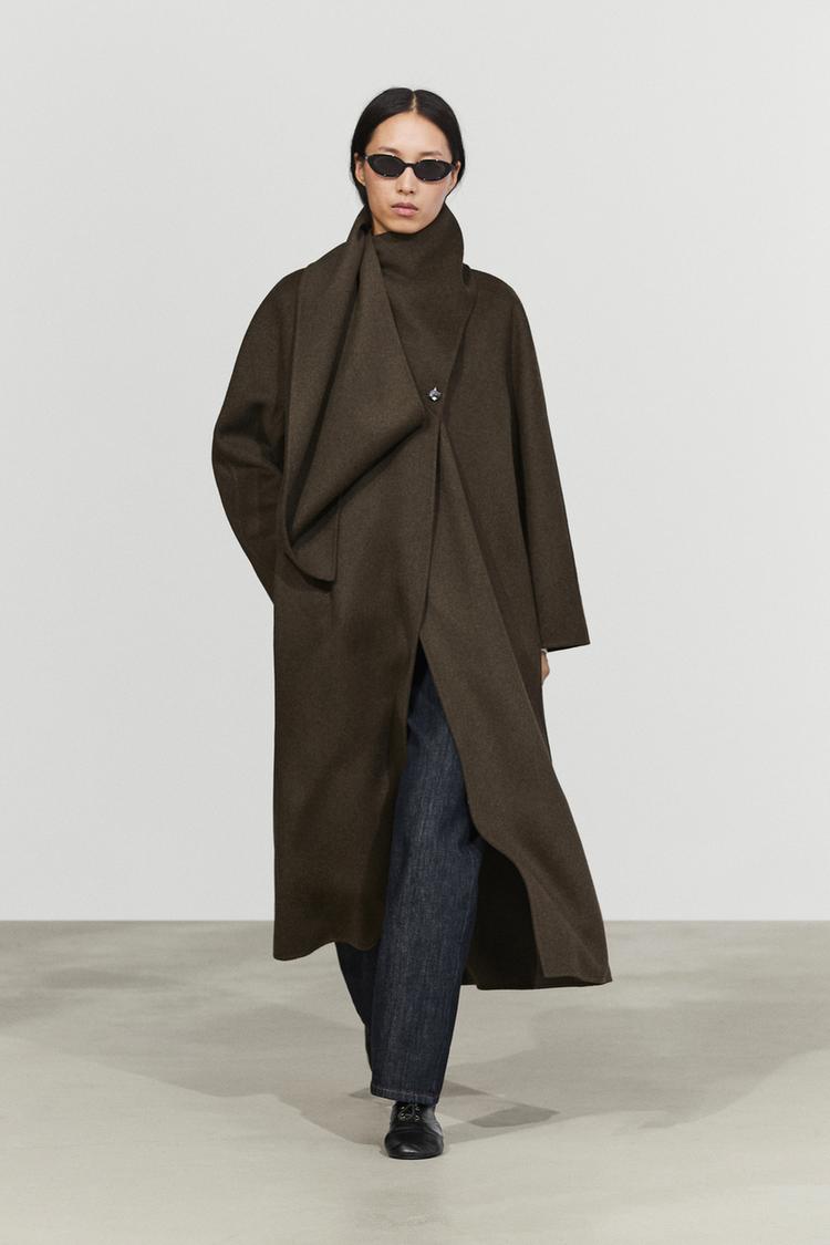 Long coat with scarf detail — Greyish green
