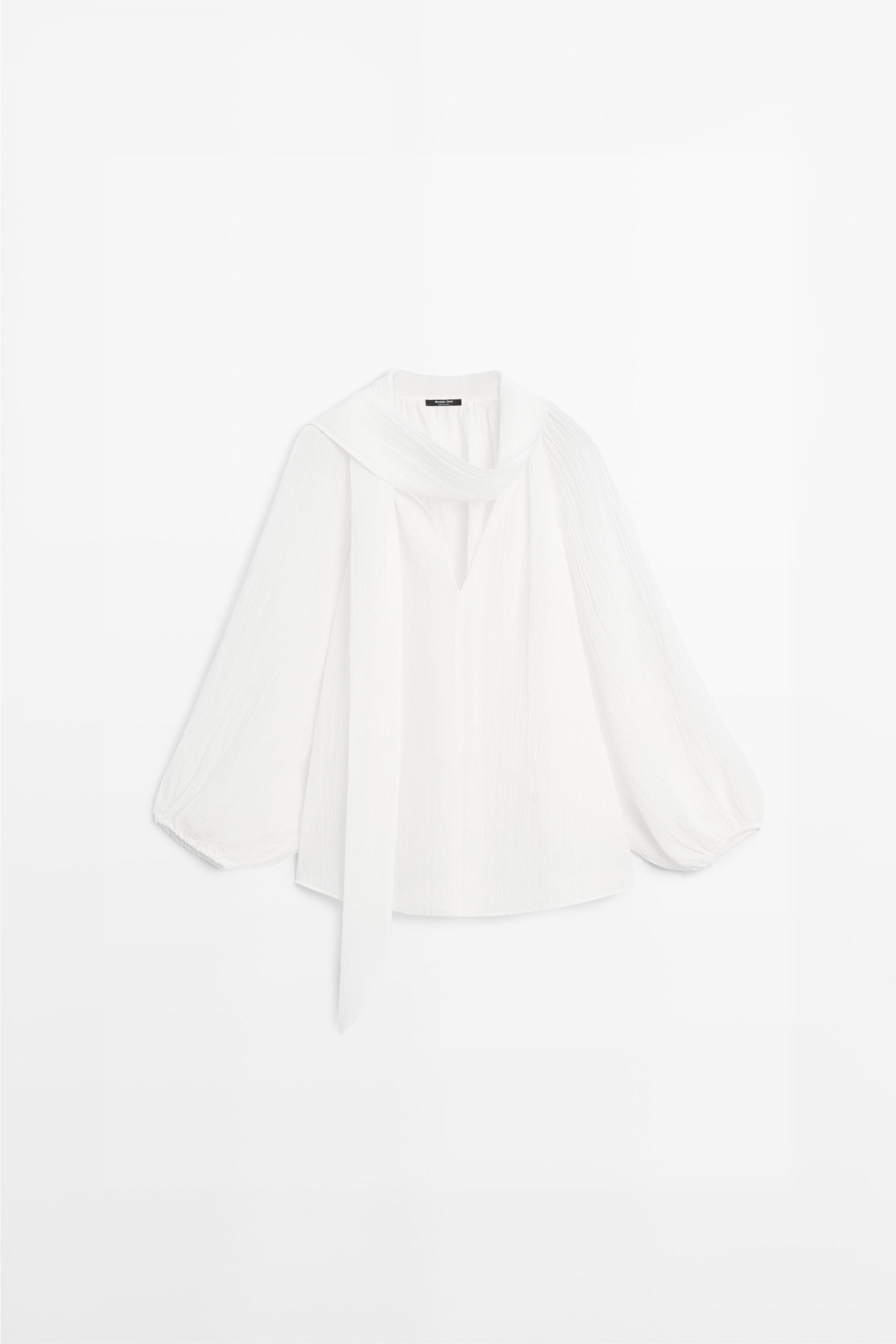 Flowing V-neck blouse with tie — WHITE