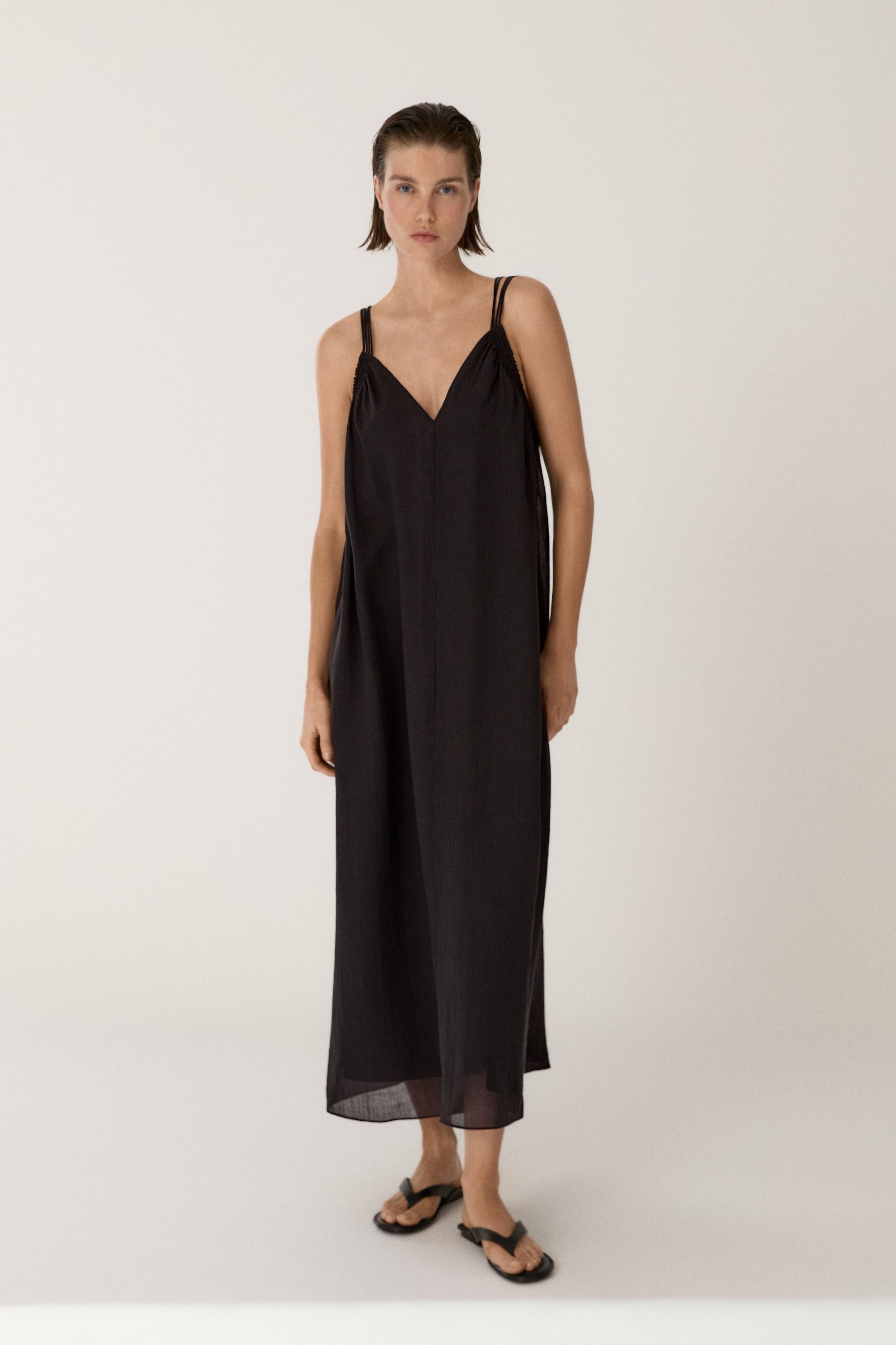 Ramie blend strappy midi dress — BLACK