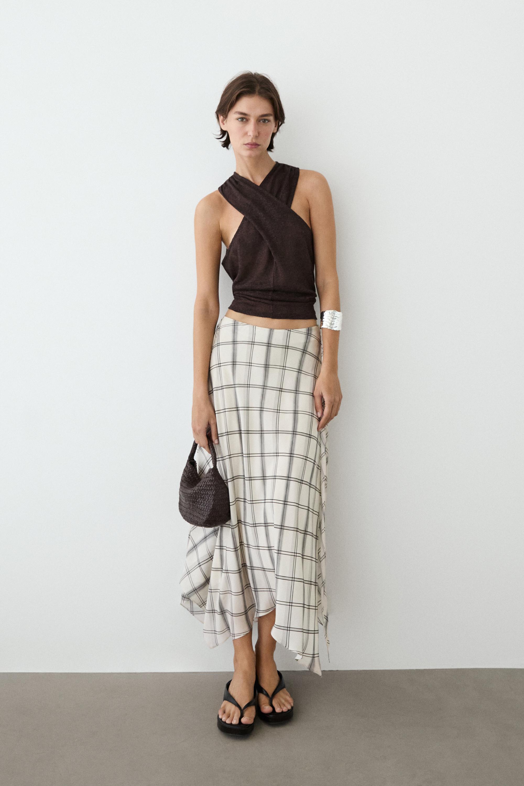 Asymmetric midi skirt with check detail — WHITE