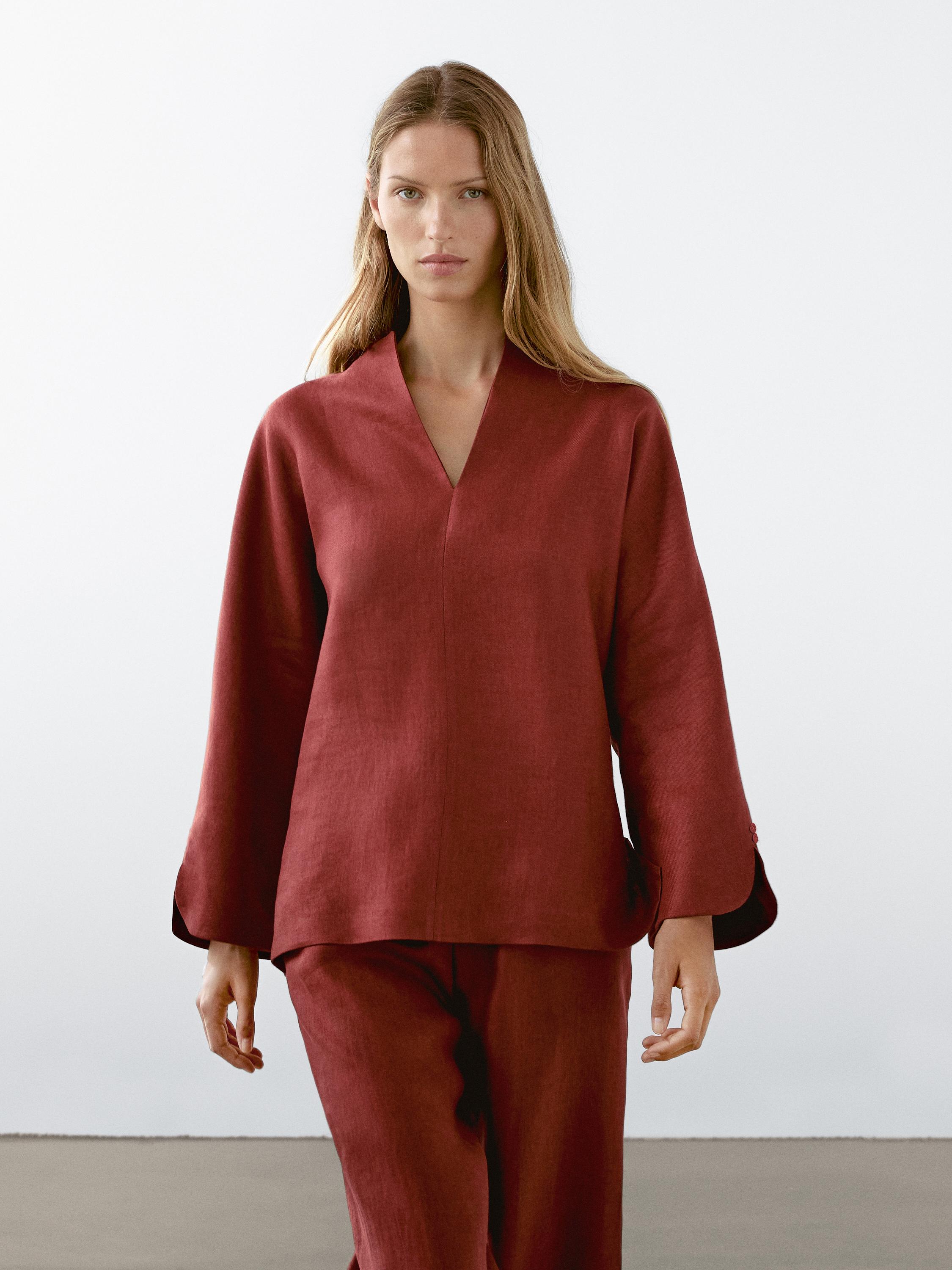 100% linen V-neck blouse
