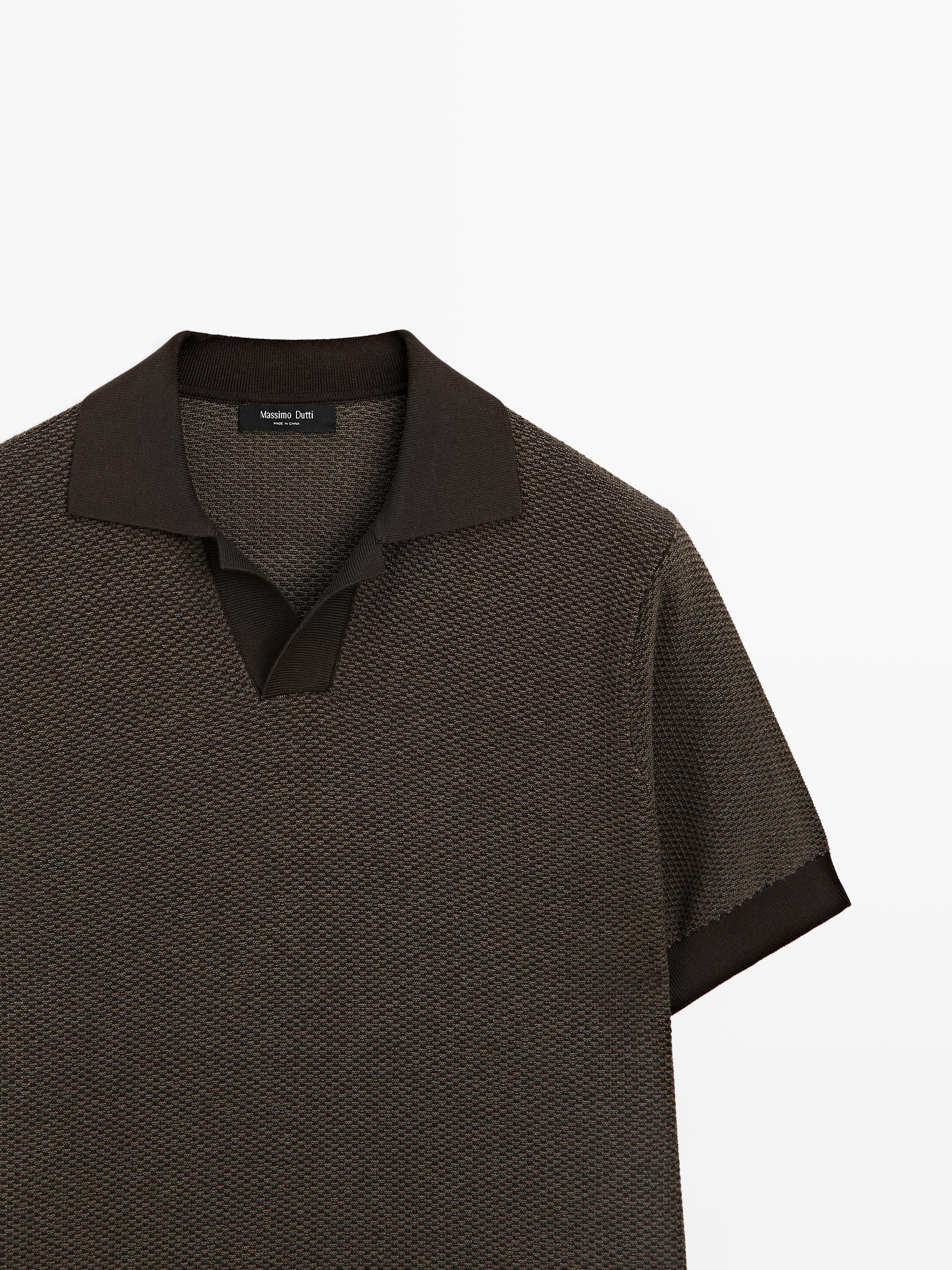 100% cotton textured knit polo sweater — BROWN MARL
