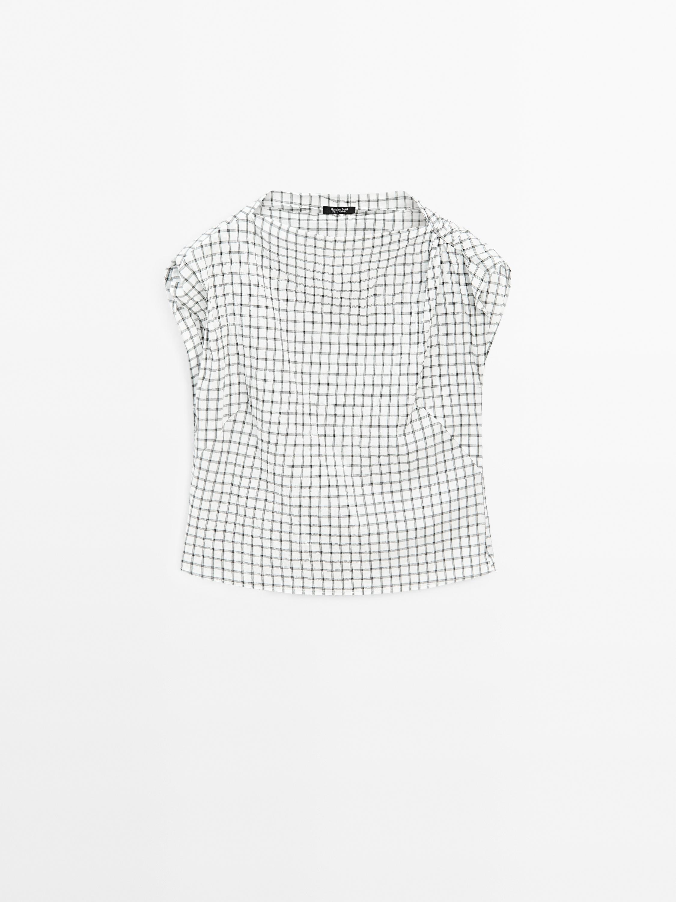 Draped collar plaid top