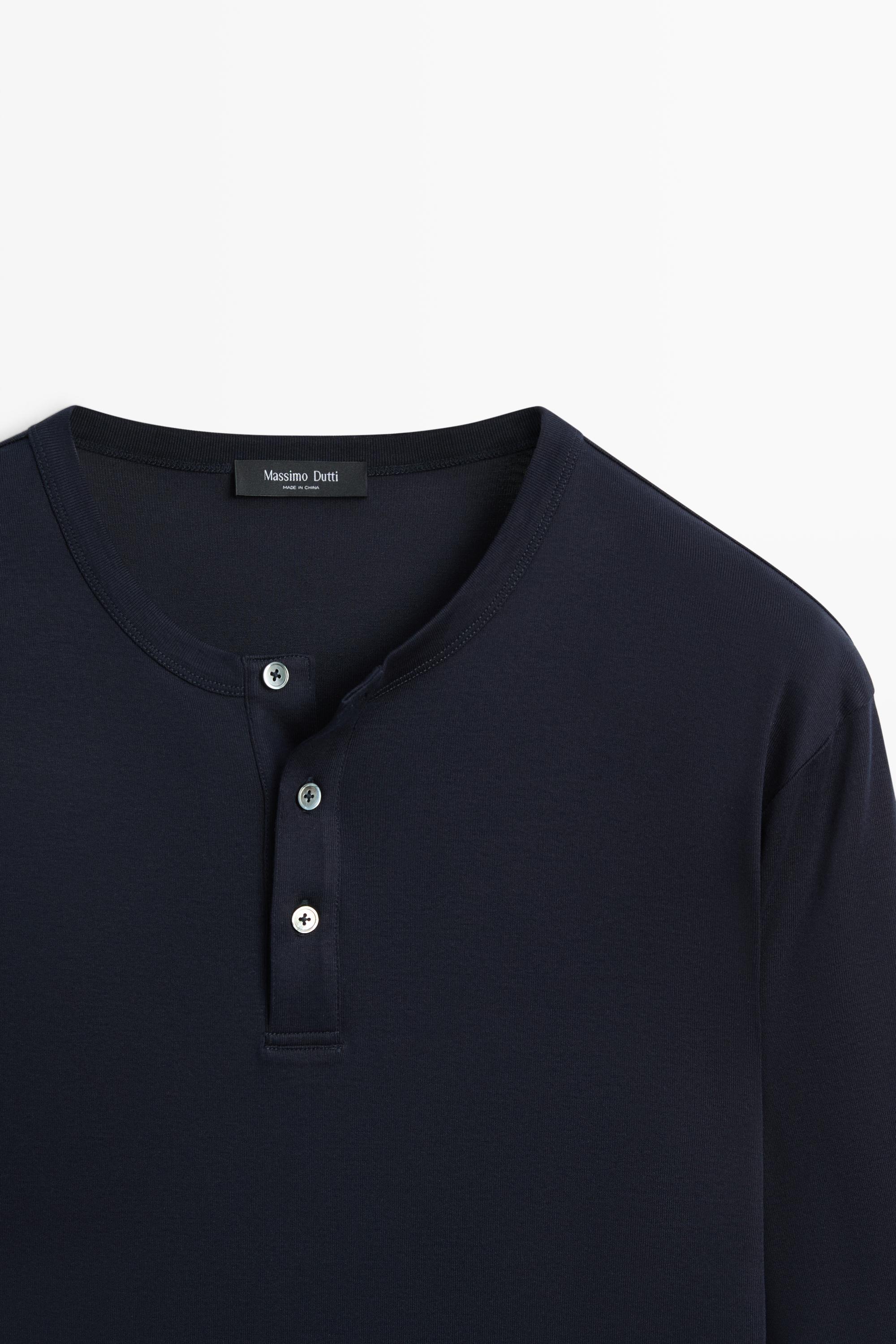 100% cotton long sleeve henley T-shirt — NAVY BLUE