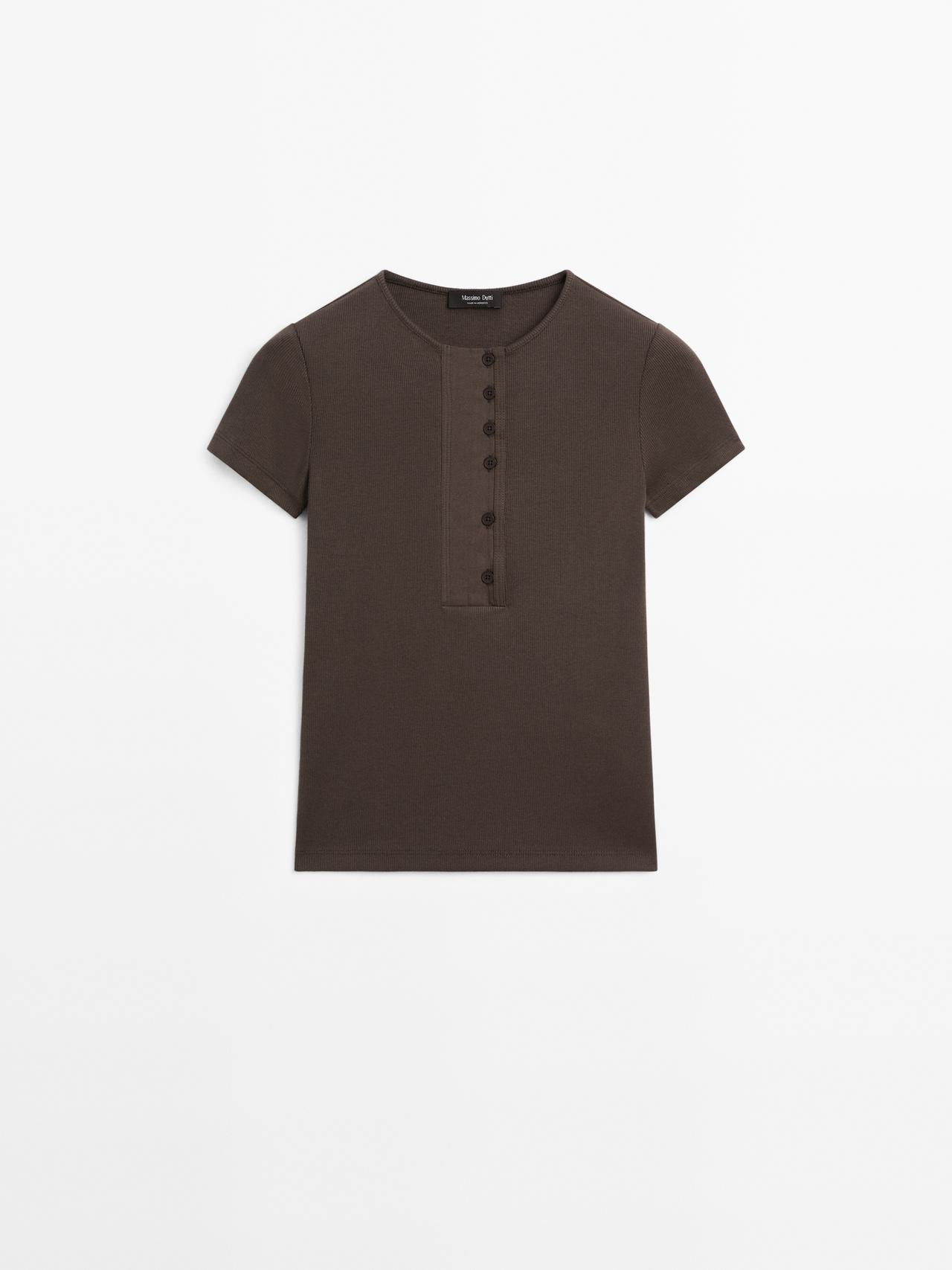 Massimo Dutti - Dame - T-Shirt I Bomuldsblanding Med Brystdetalje - Brun - S