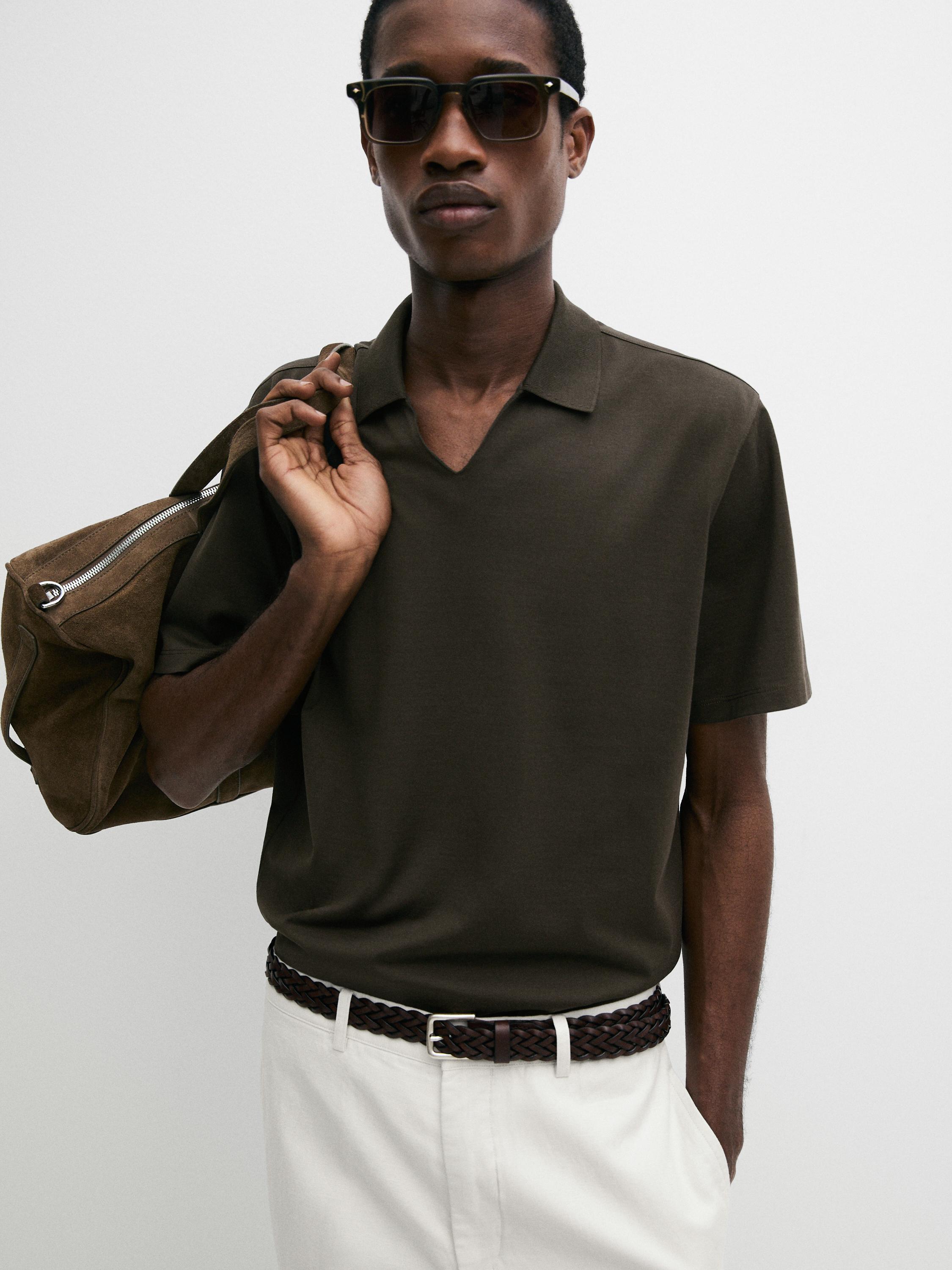 Cotton V-neck polo shirt — DARK GREEN