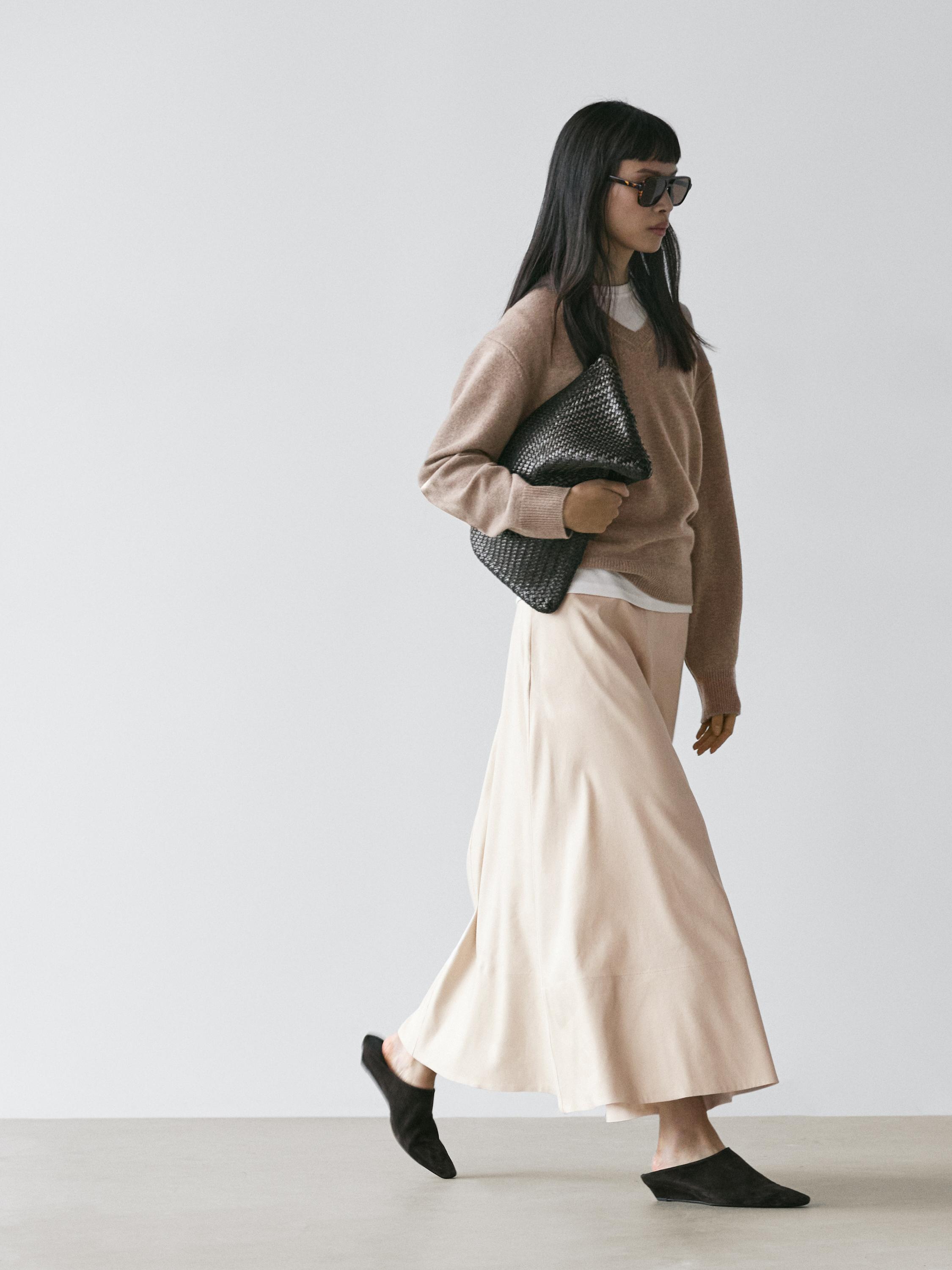 Linen blend flared skirt with pocket — CREAM