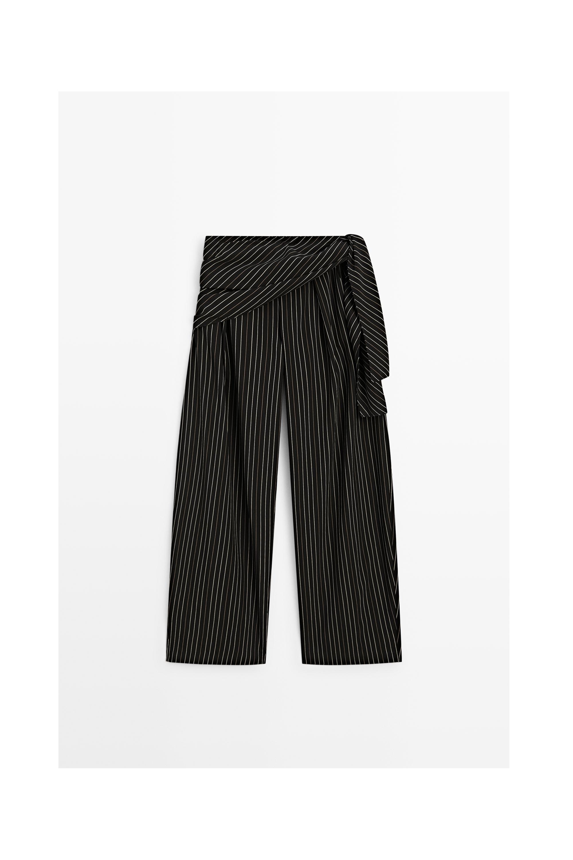 Striped barrel fit pants with scarf detail — BLACK