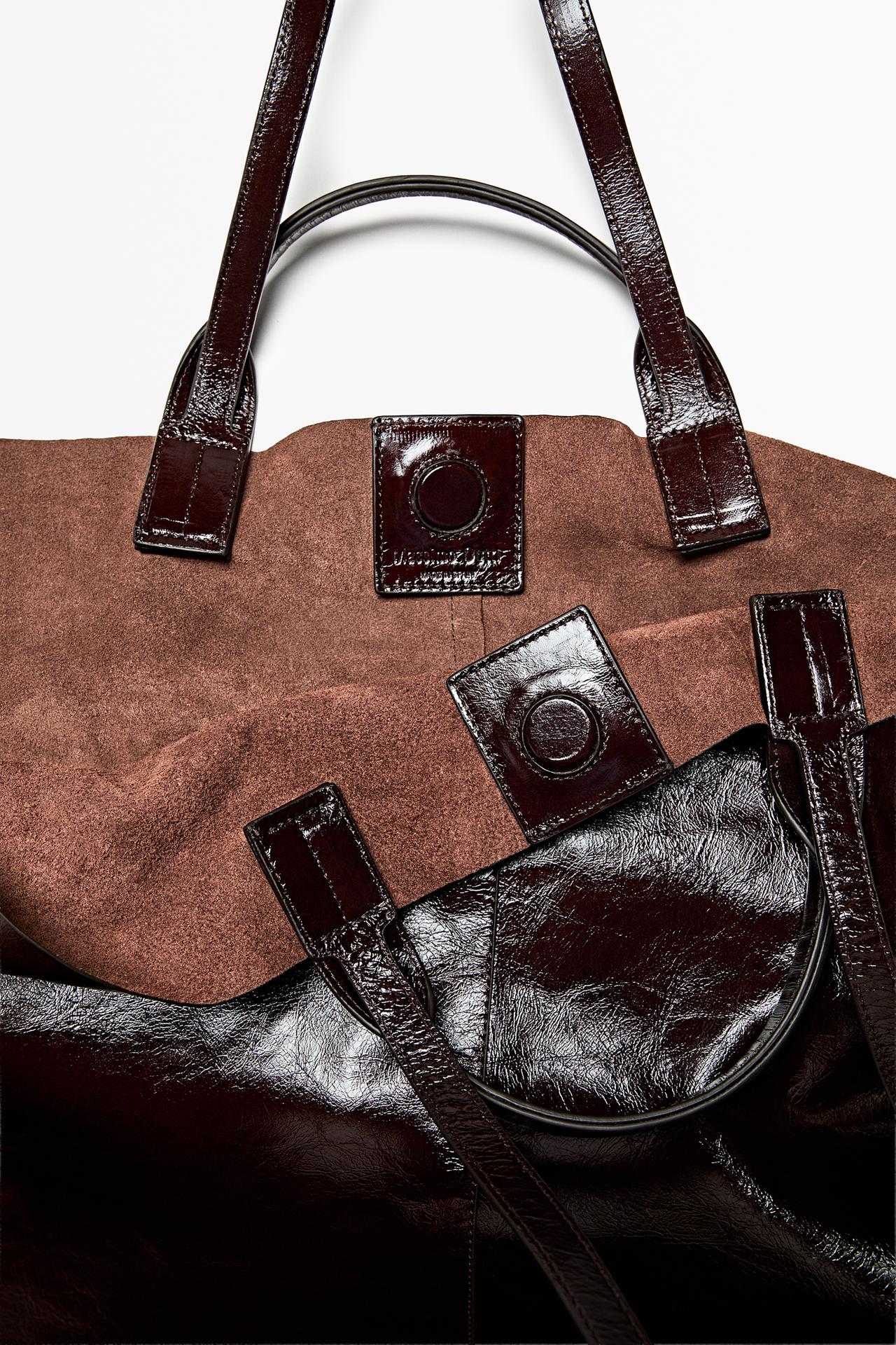 Maxi crackle nappa leather tote bag — Chocolate