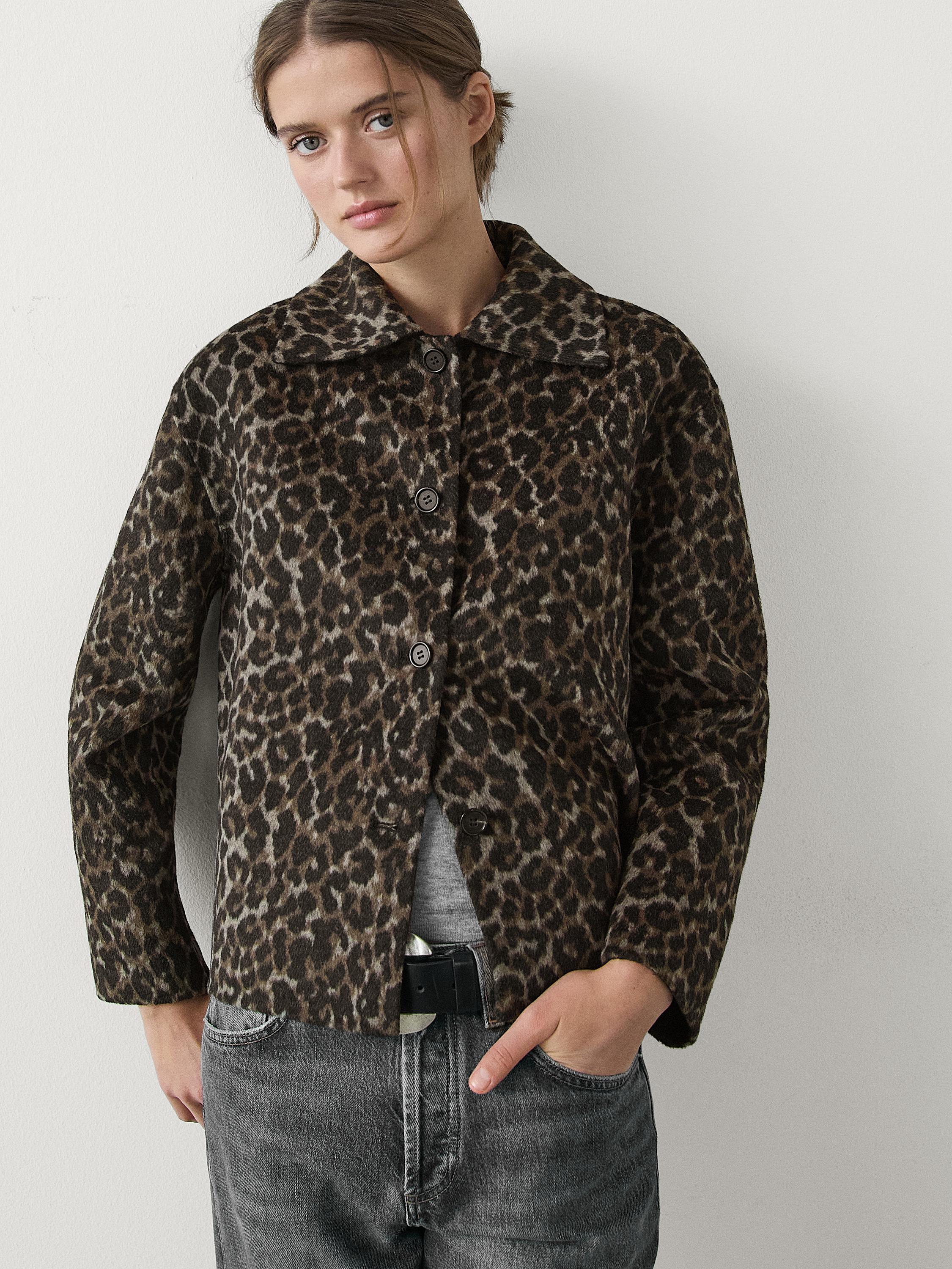 Cropped wool blend animal print jacket