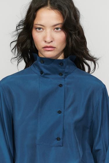 100% mulberry silk blouse with stand collar — BLUE 8