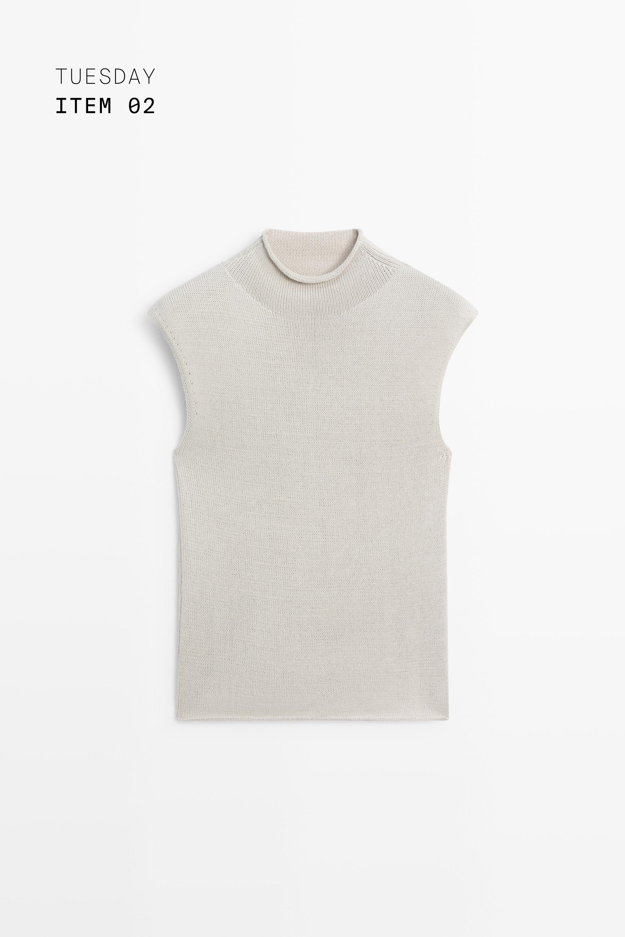 Cotton blend high neck knit top — STONE