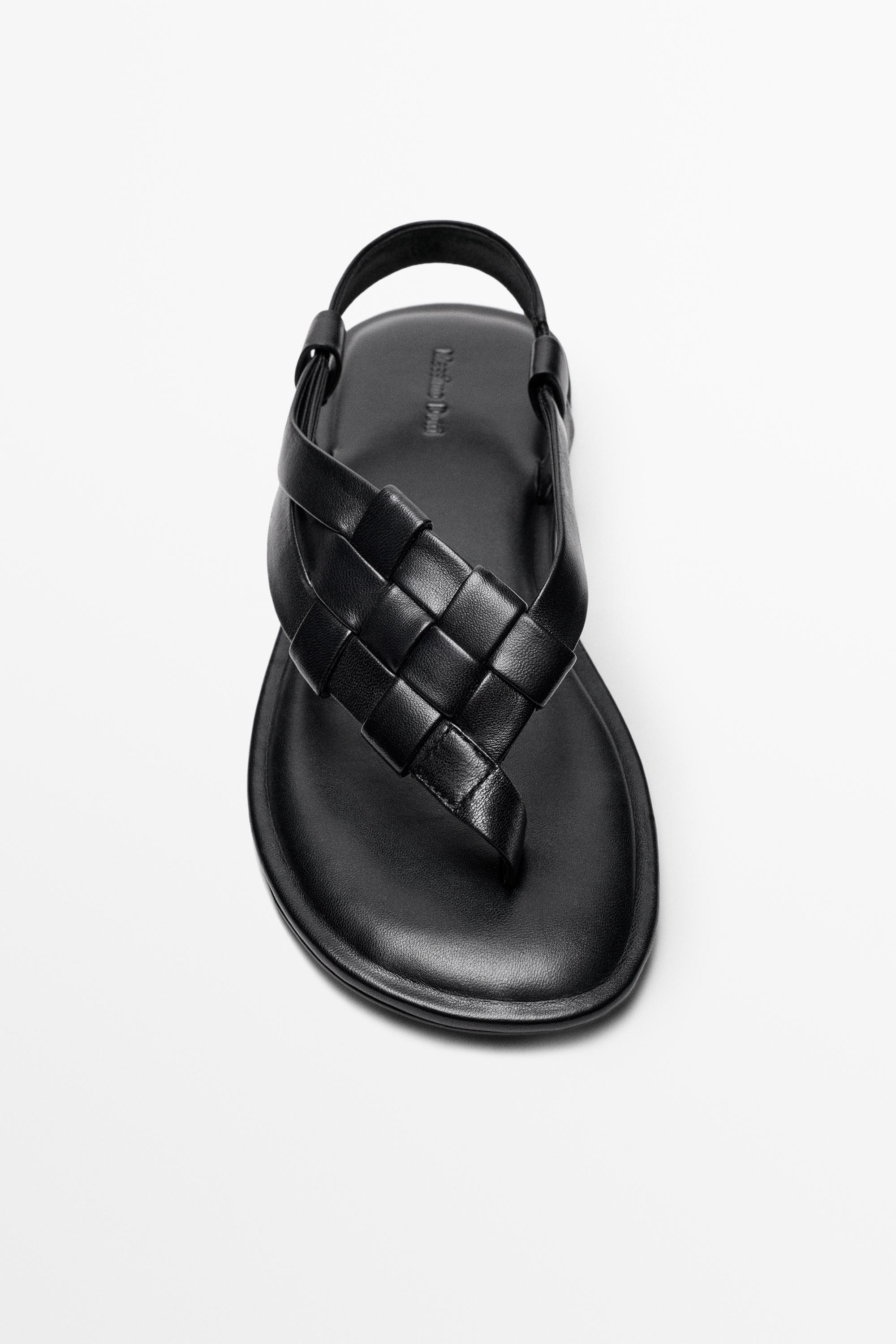 Flat woven leather sandals — BLACK