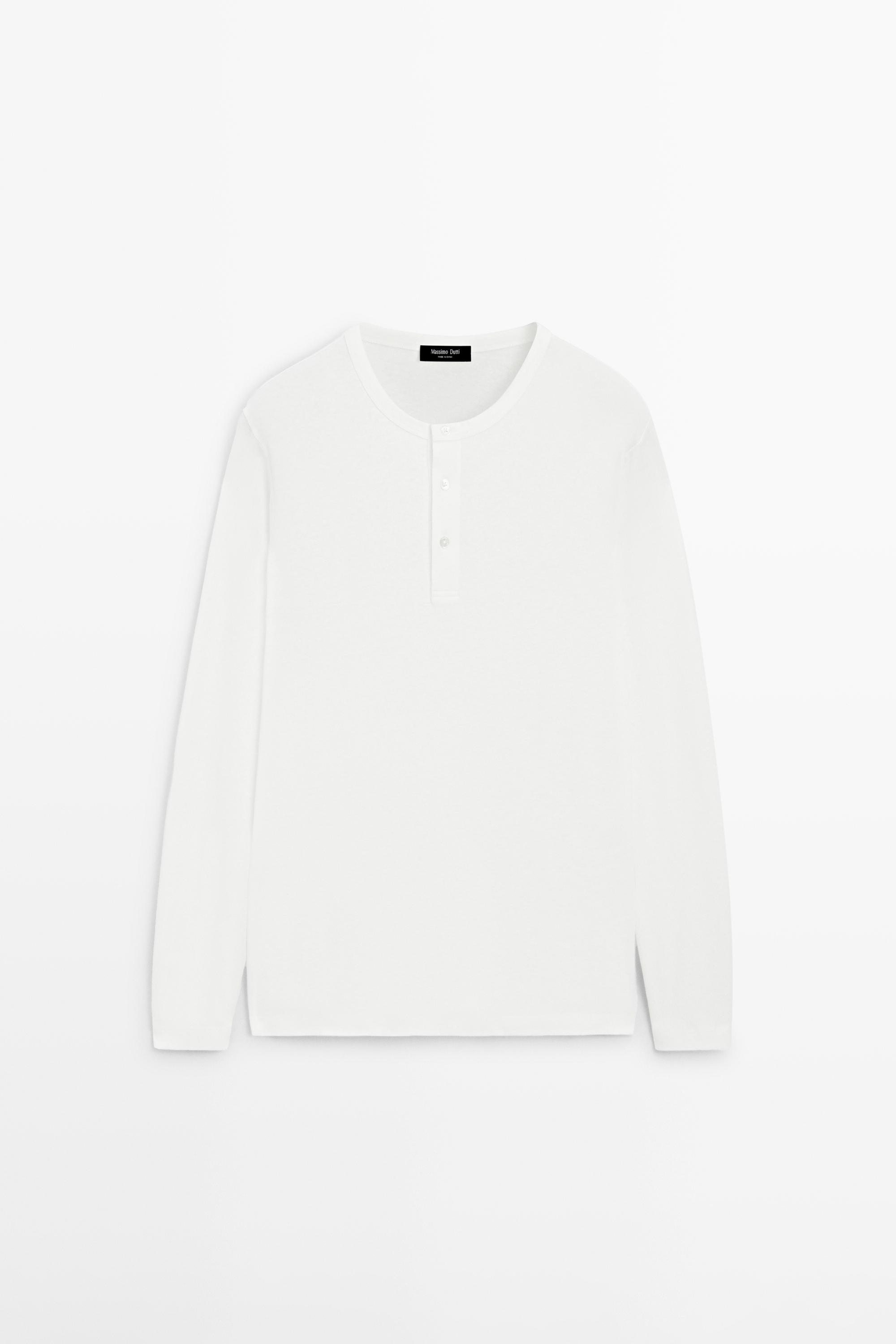 Long sleeve henley neck T-shirt — WHITE